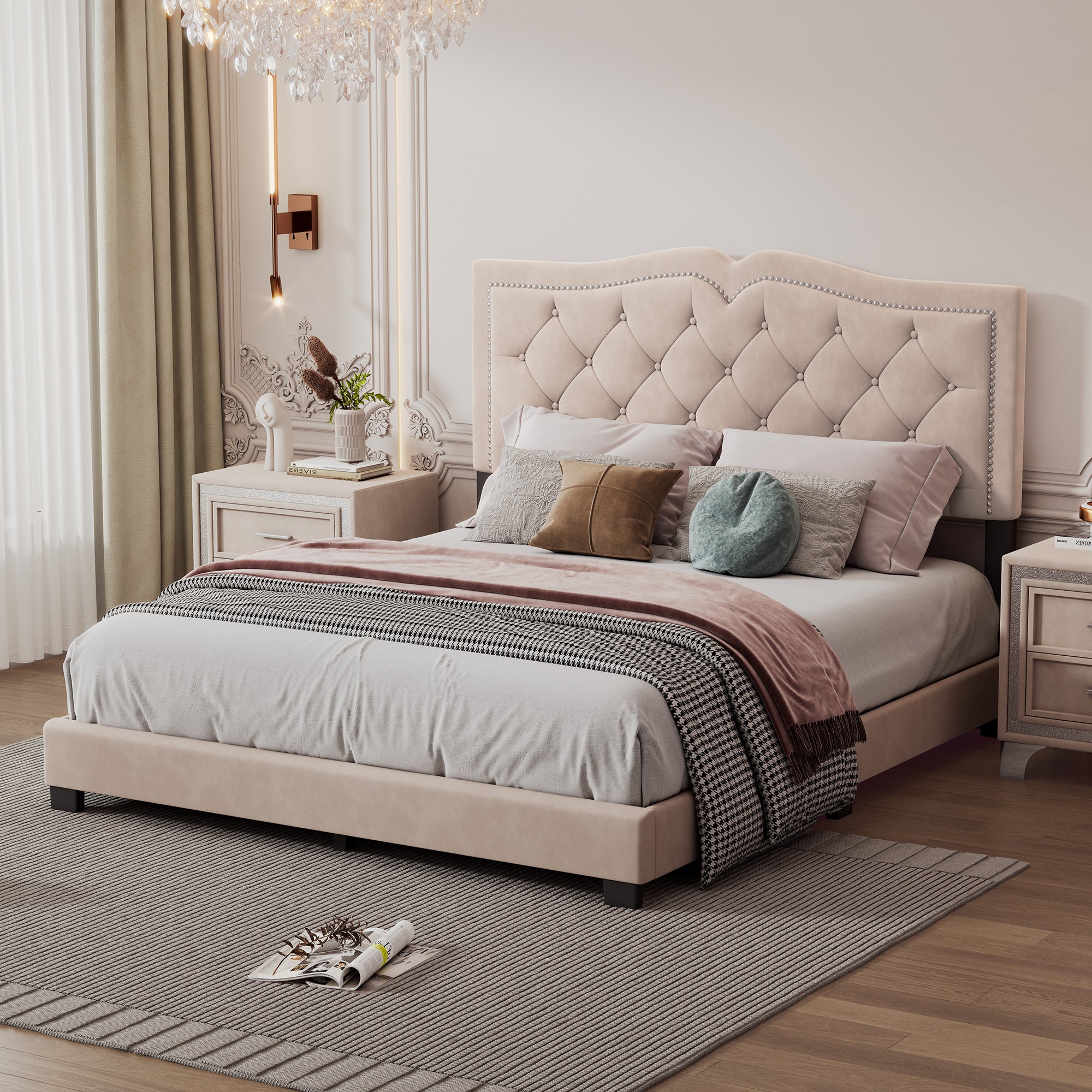 Queen Velvet Upholstered Platform Bed w/ Tufted Headboard, Beige