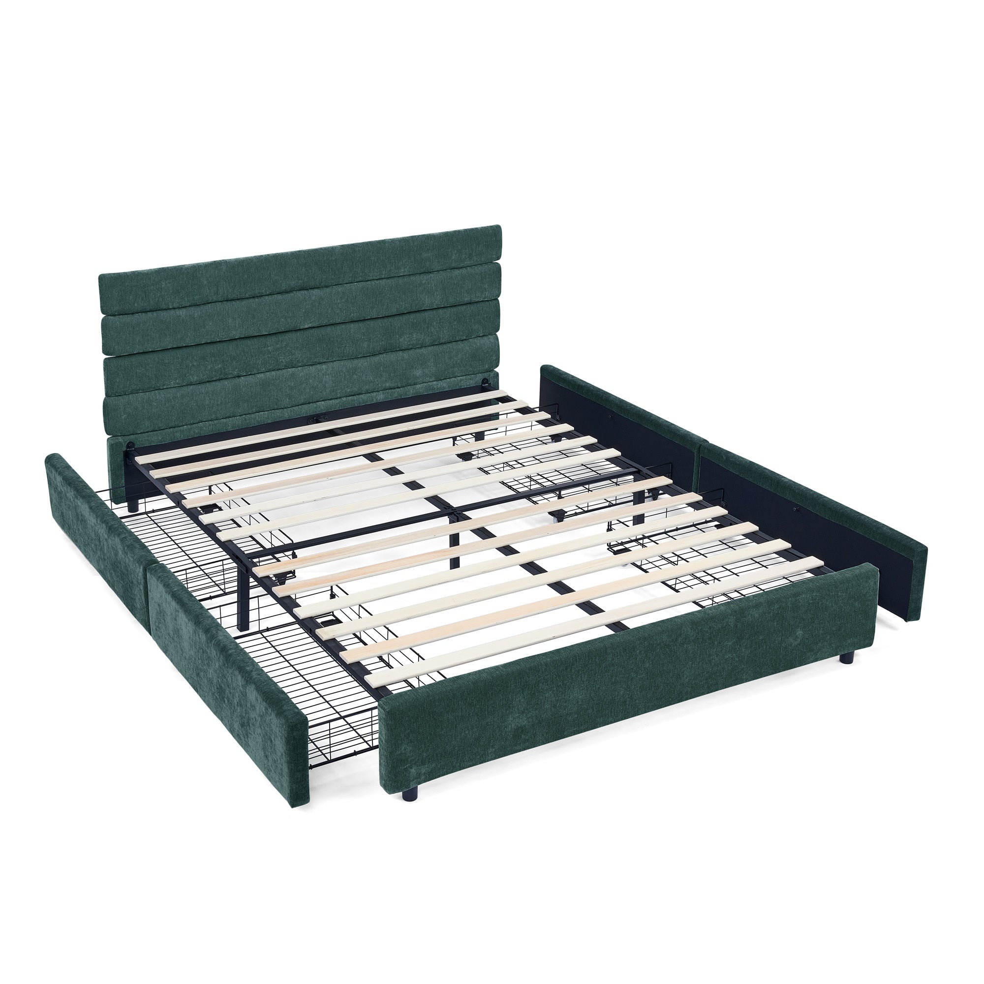Modern Queen Blue Green Velvet Bed Frame - Cushioned Headboard, Storage Drawers
