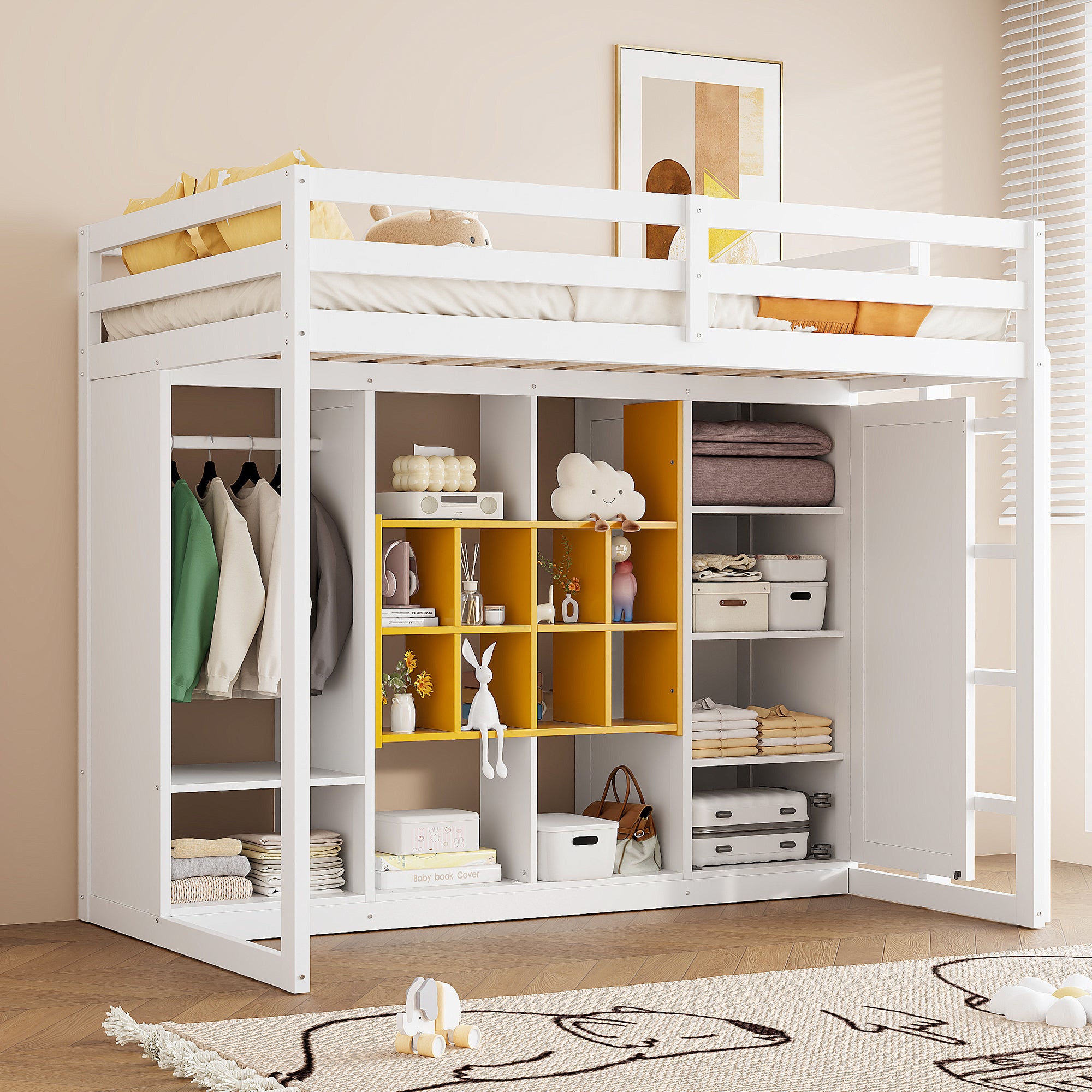Twin Wood Loft Bed w/ Wardrobe, Shelves & Cabinet - White/Yellow
