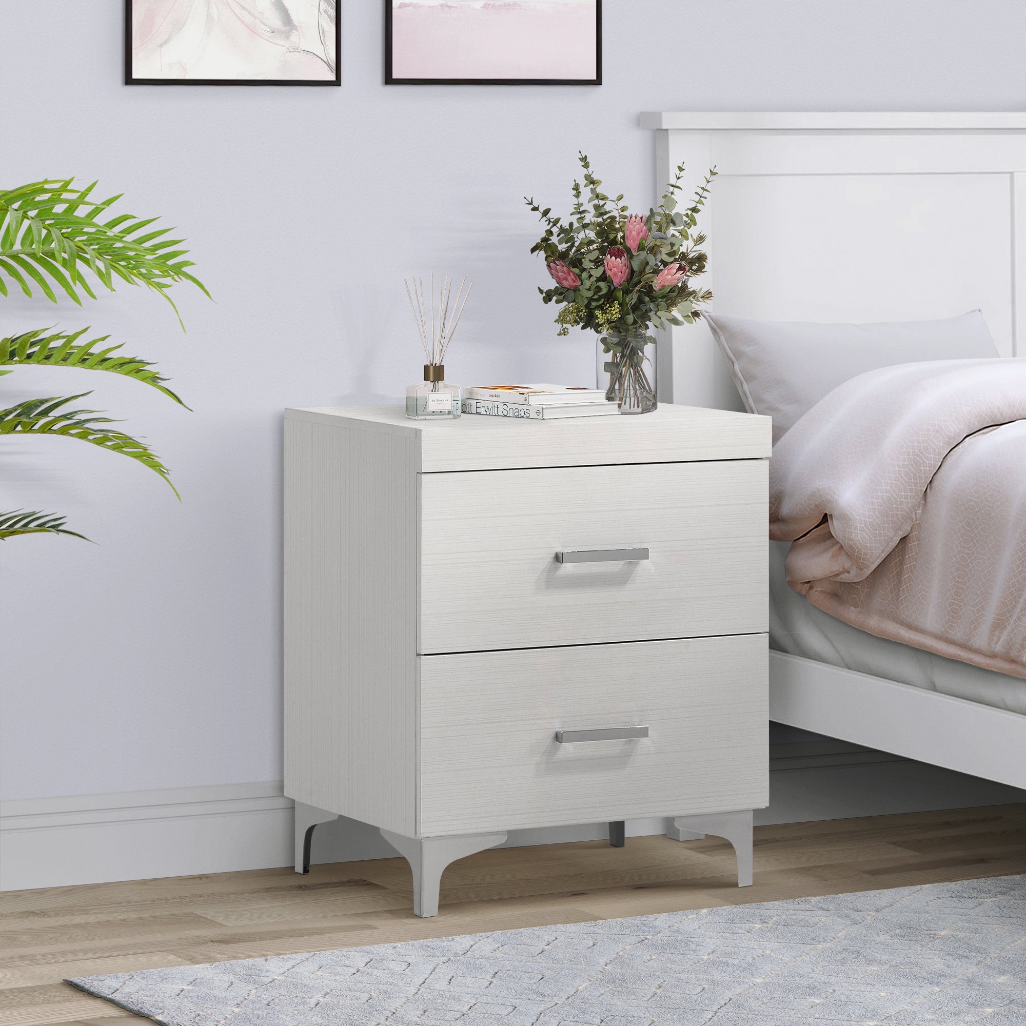 White 2-Drawer Nightstand: Modern Bedside Table with Storage