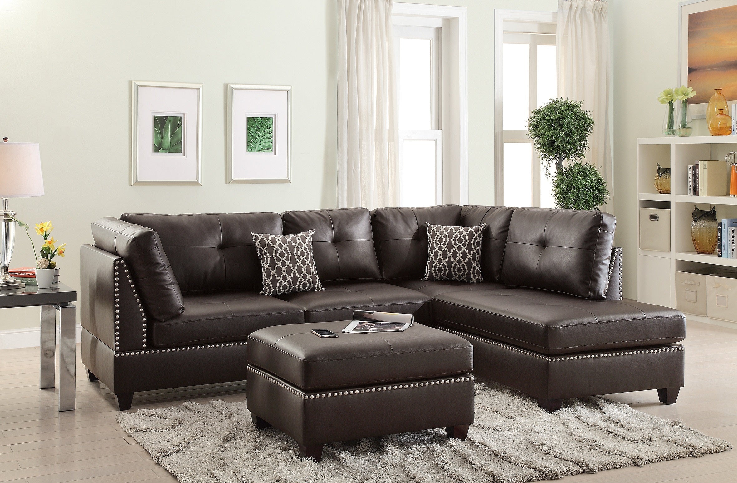 Espresso Bonded Leather Reversible 3-Pc Sectional Sofa Set