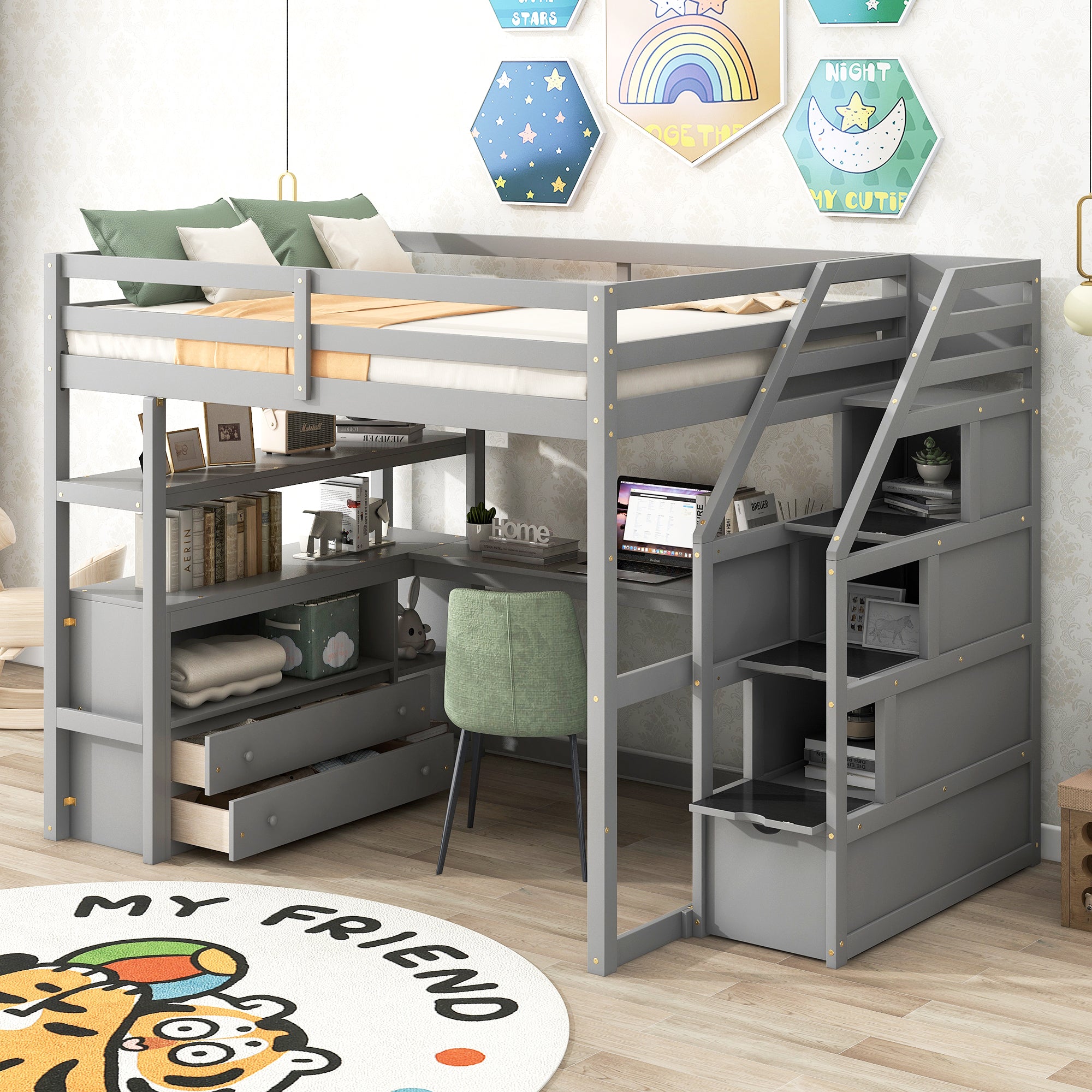 Gray Full Size Loft Bed: Desk, Shelves, Drawers, Storage Stairs