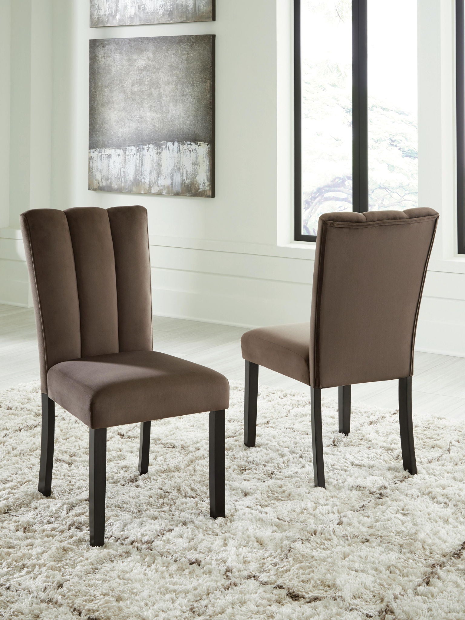 Mocha upholstered dining side chair with tall backrest and straight legs