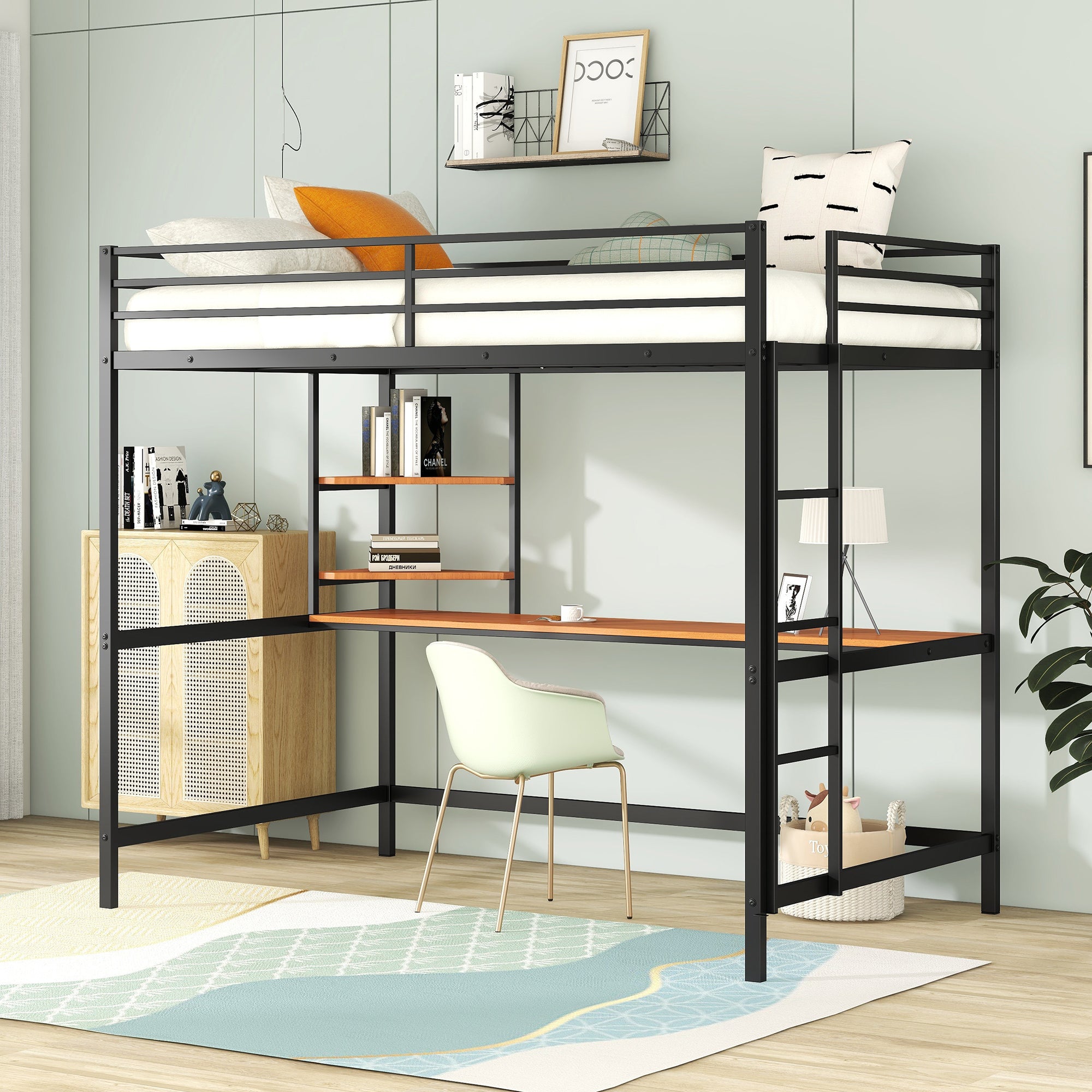 Black Full Metal Loft Bed with Desk & Shelves