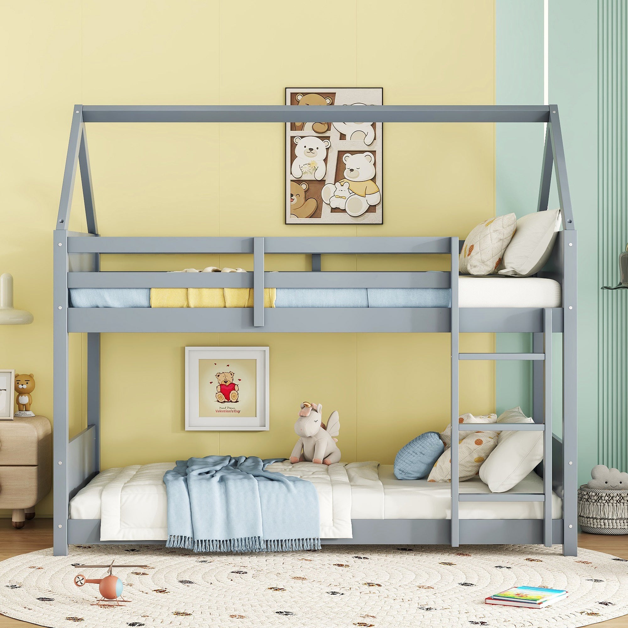 Light Grey Twin Over Twin House Floor Bunk Bed with Ladder