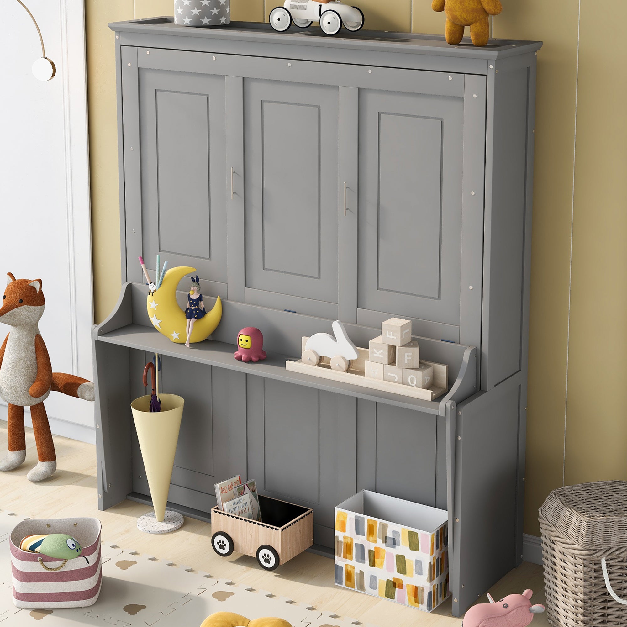 Queen Size Gray Murphy Bed with Shelf - Space-Saving Wall Bed