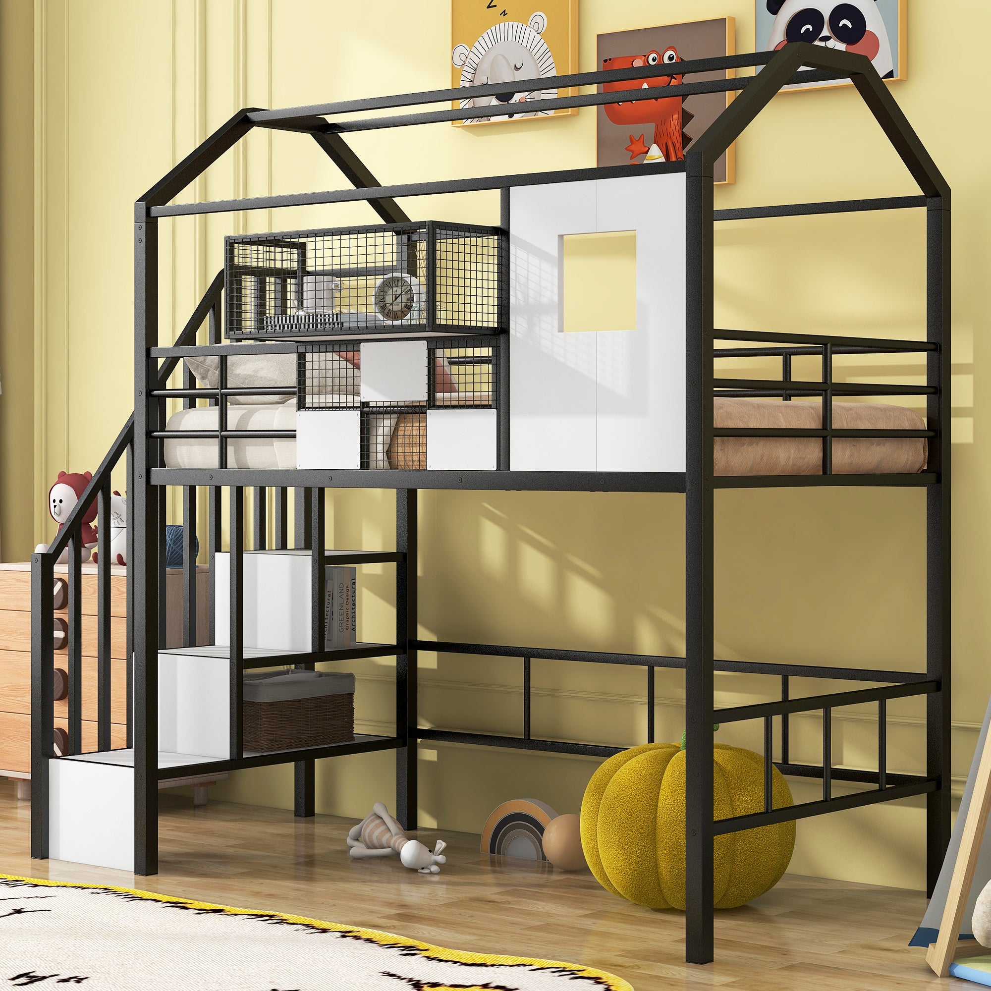Twin Black Metal Loft Bed with Roof Design & Storage Box Space-Saving