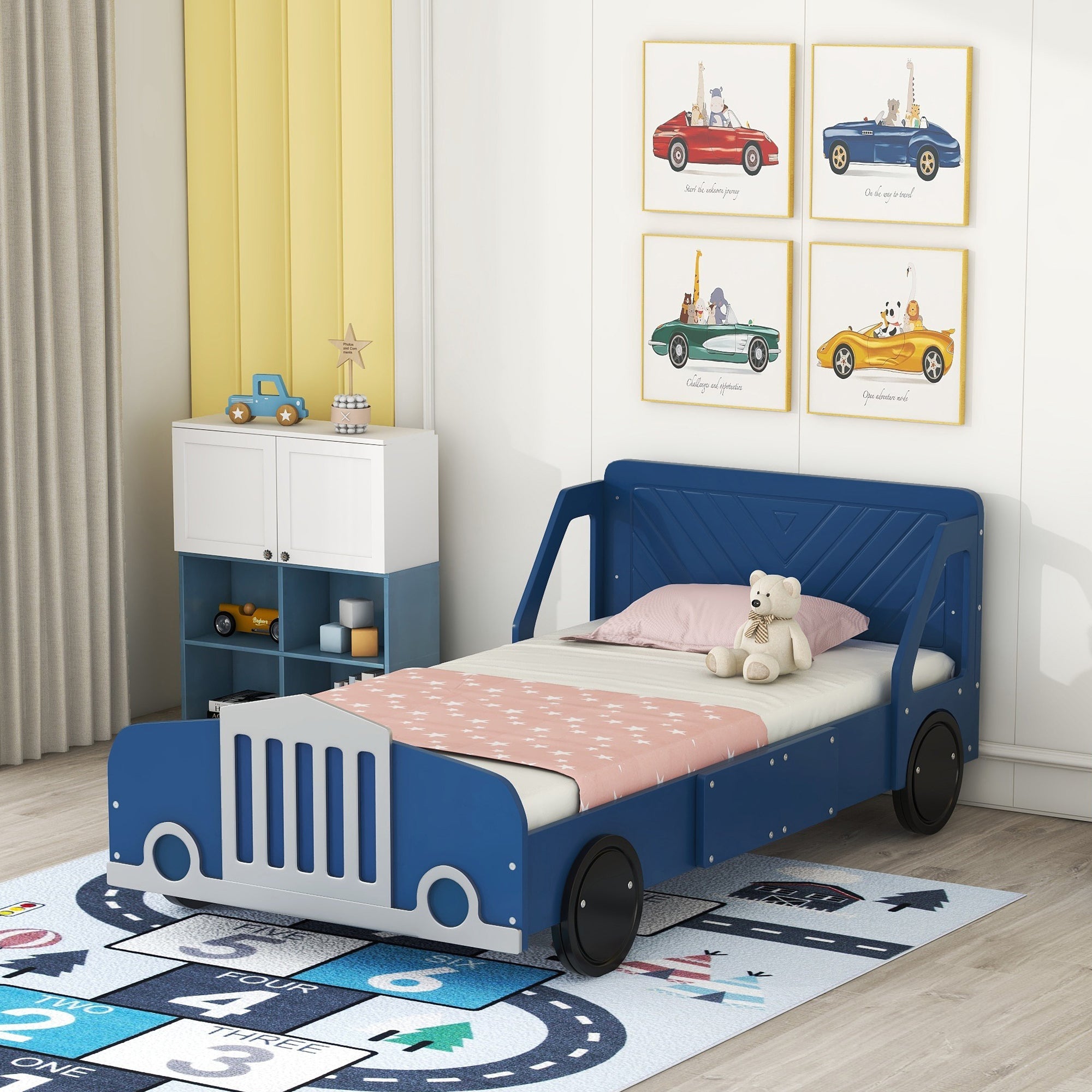 Kids Blue Twin Car Bed with Wheels, Platform