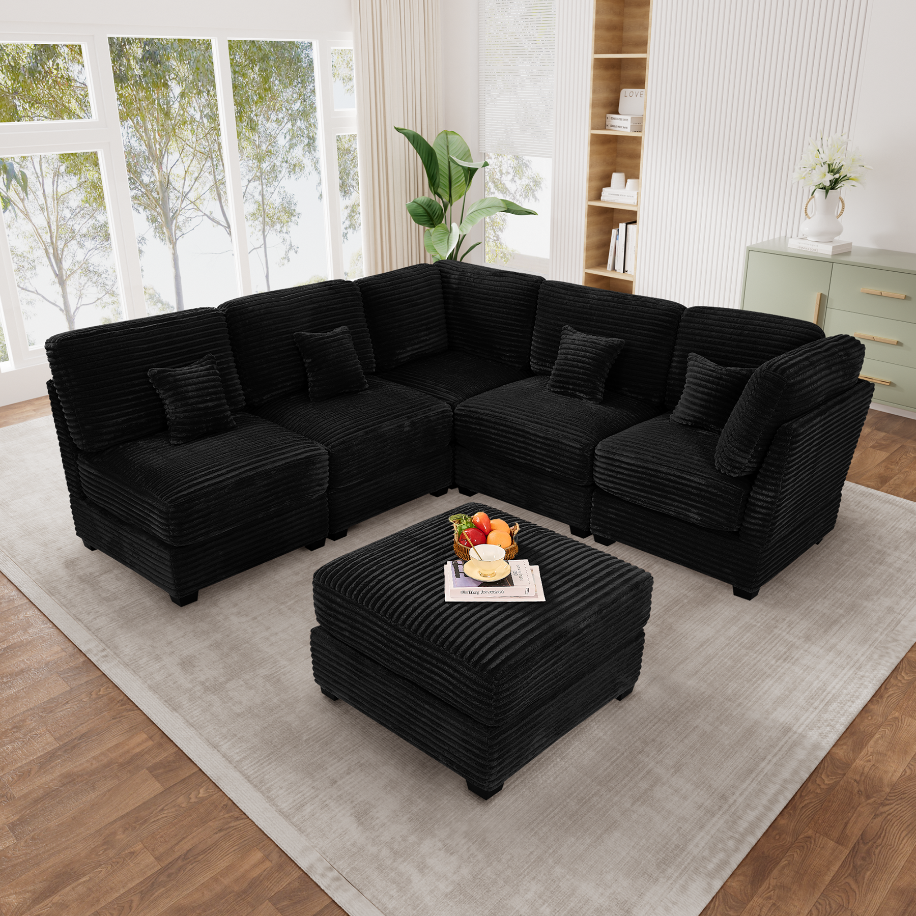 Cloud Modular U-Shaped Corduroy Sectional Sofa 6-Seater Black