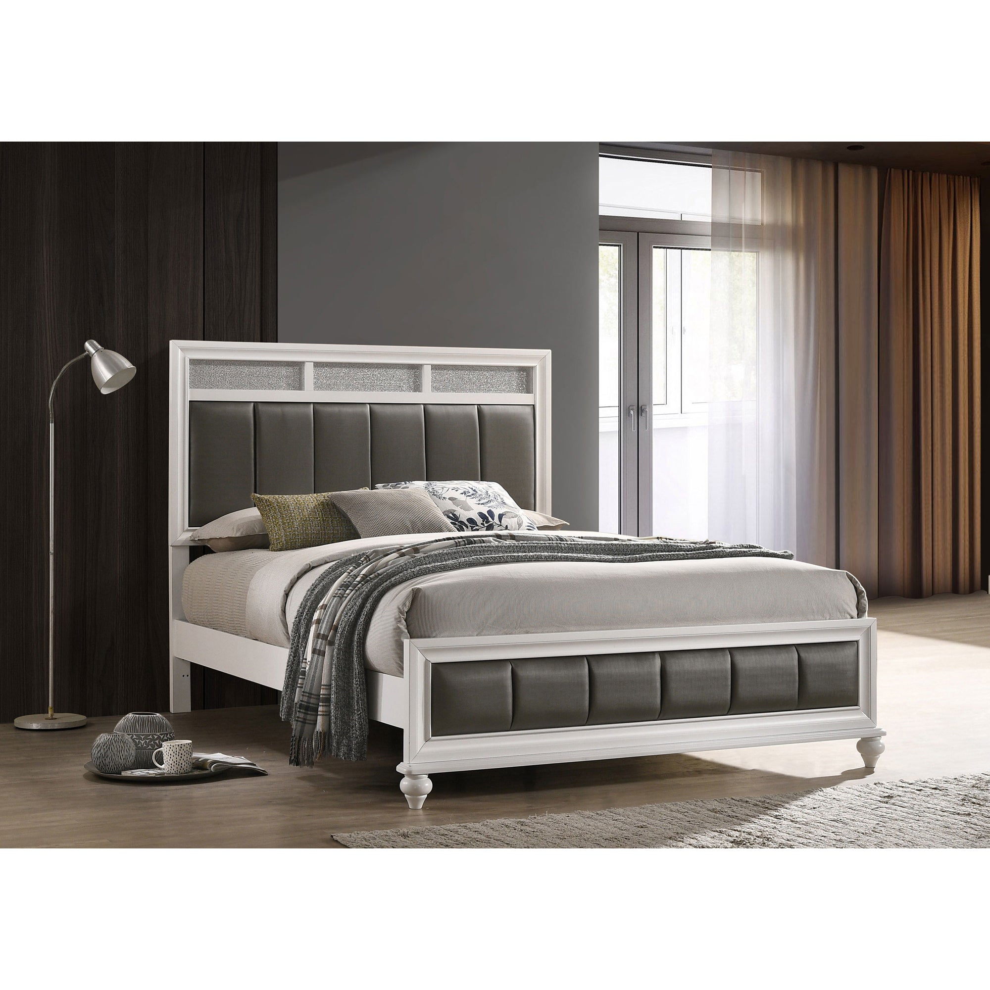 Talia White & Grey Upholstered Queen Panel Bed
