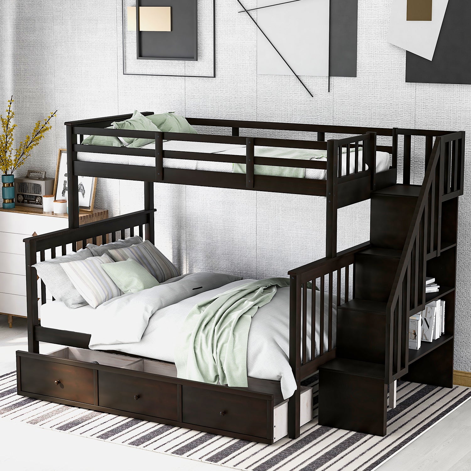 Espresso Stairway Twin-Over-Full Bunk Bed with Drawer, Storage & Guard Rail