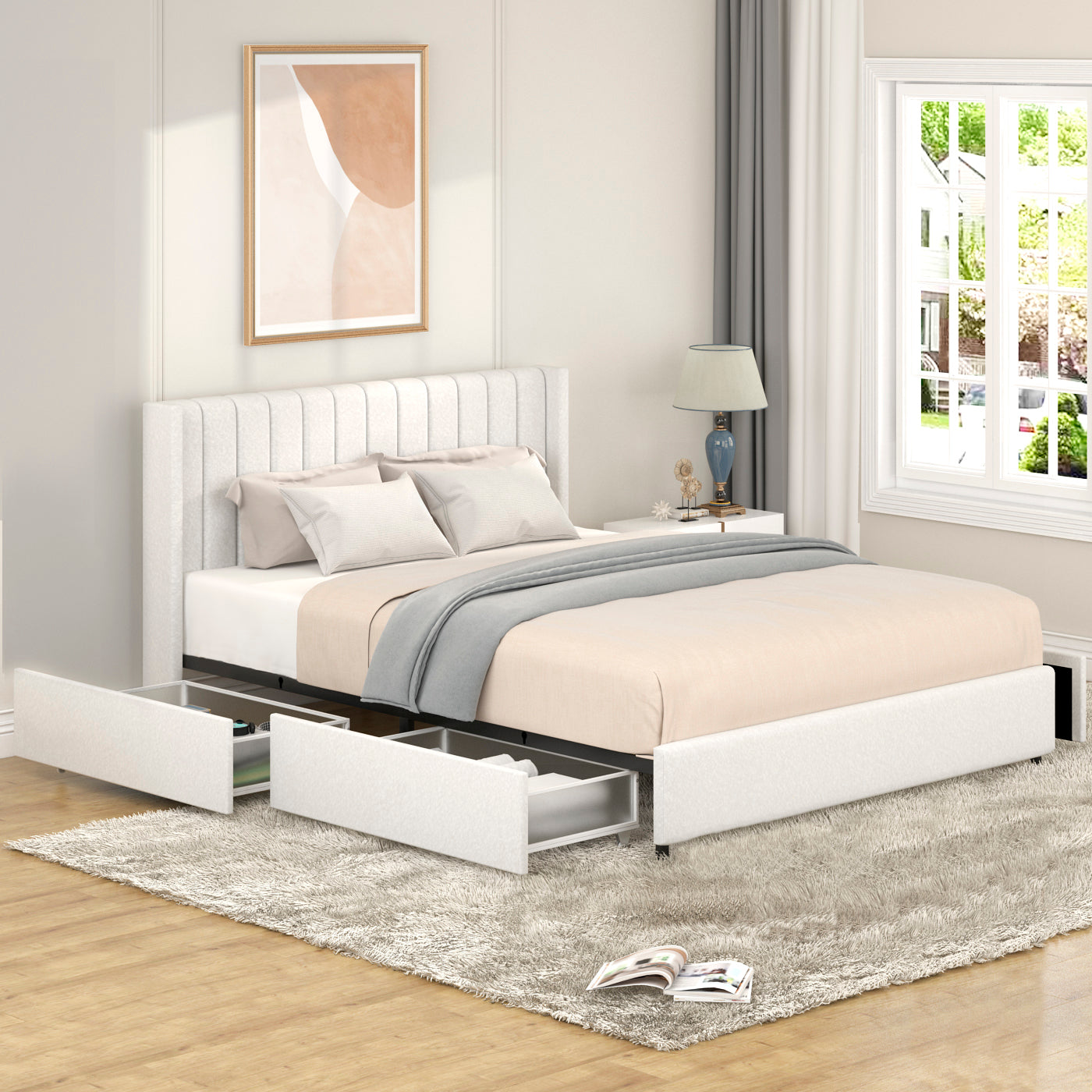 Queen Ivory Boucle Tufted Platform Bed w/ 4-Drawer Storage, No Box Spring