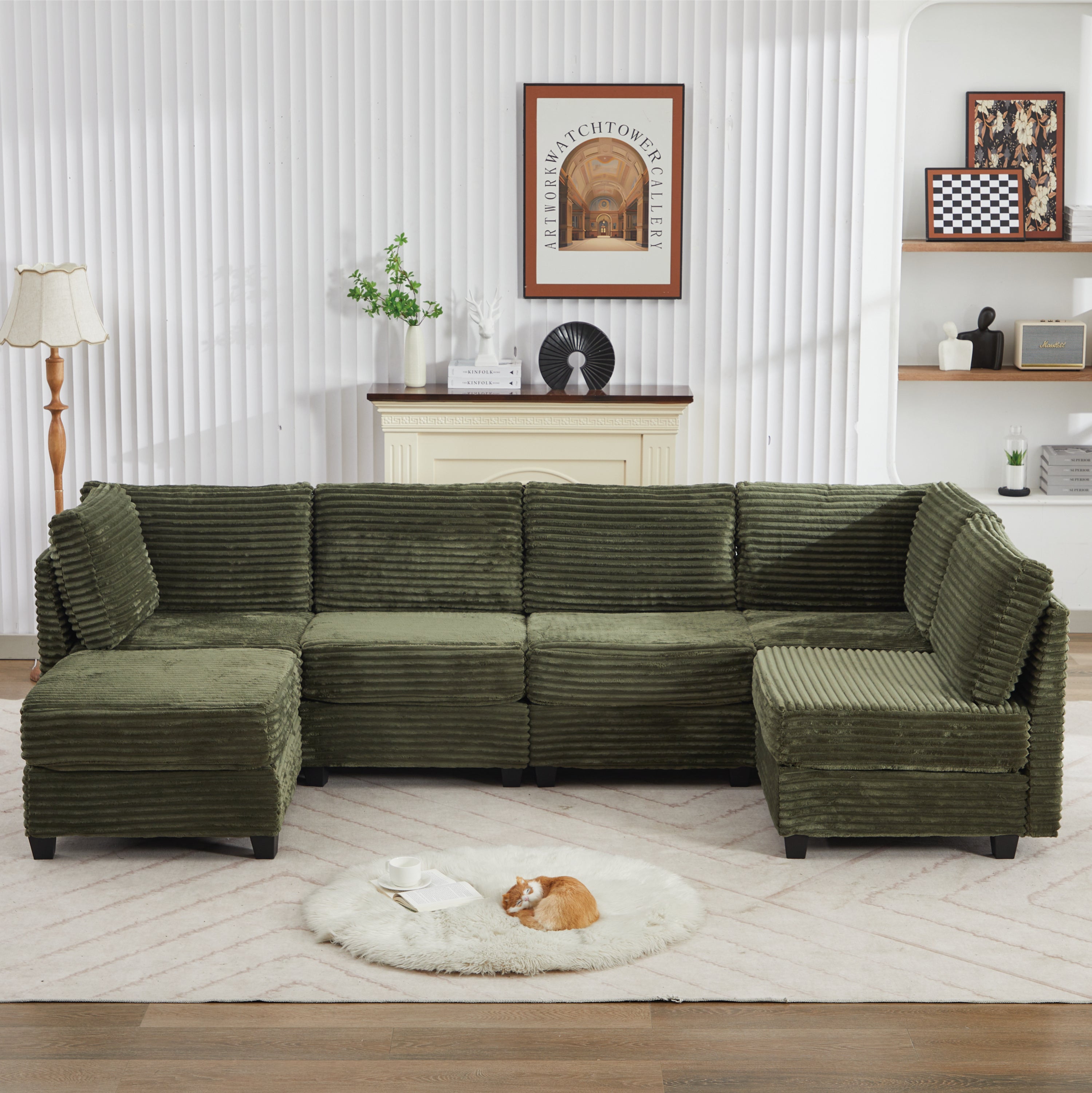 Corduroy U-Shaped Sectional Sofa with Storage & Ottoman