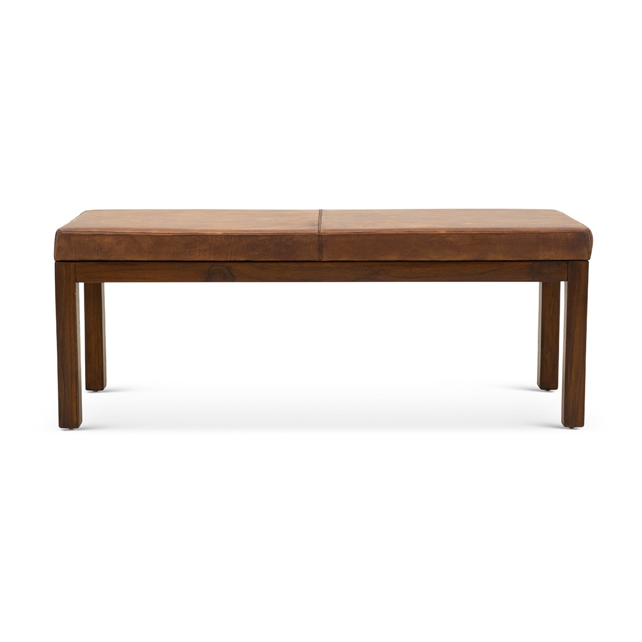 Austin Mid-Century Modern Tan Leather Bench, Solid Wood