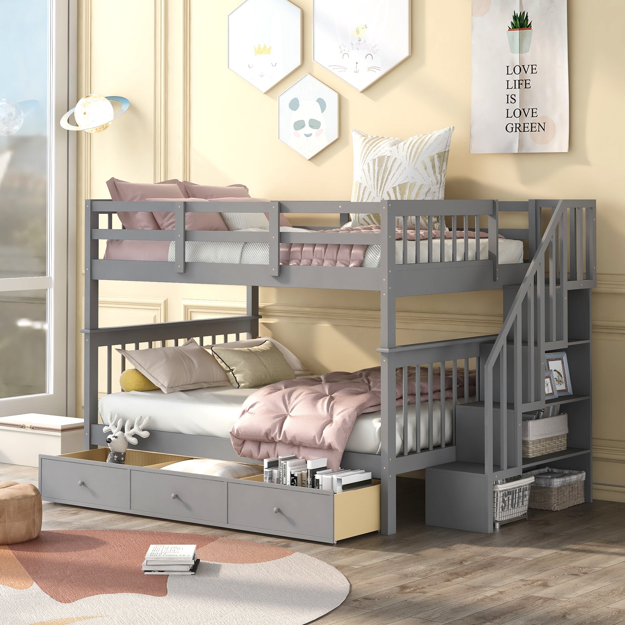 Gray Stairway Full-Over-Full Bunk Bed w/ Drawer, Storage & Guard Rail