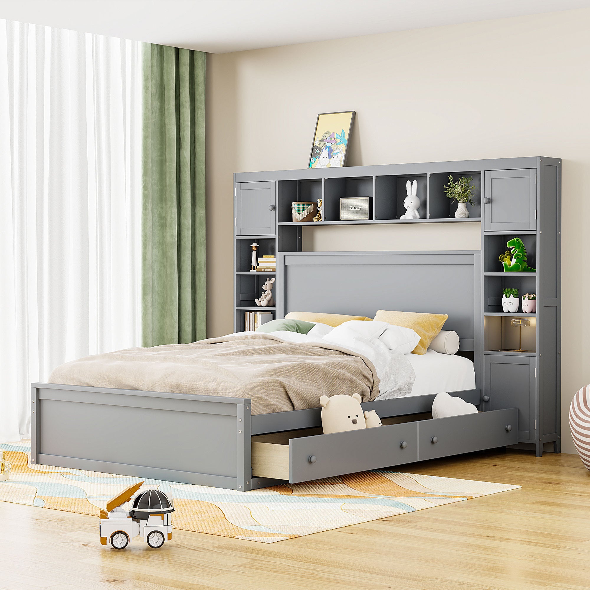 Queen Wooden Storage Bed with Shelves & Sockets, Gray