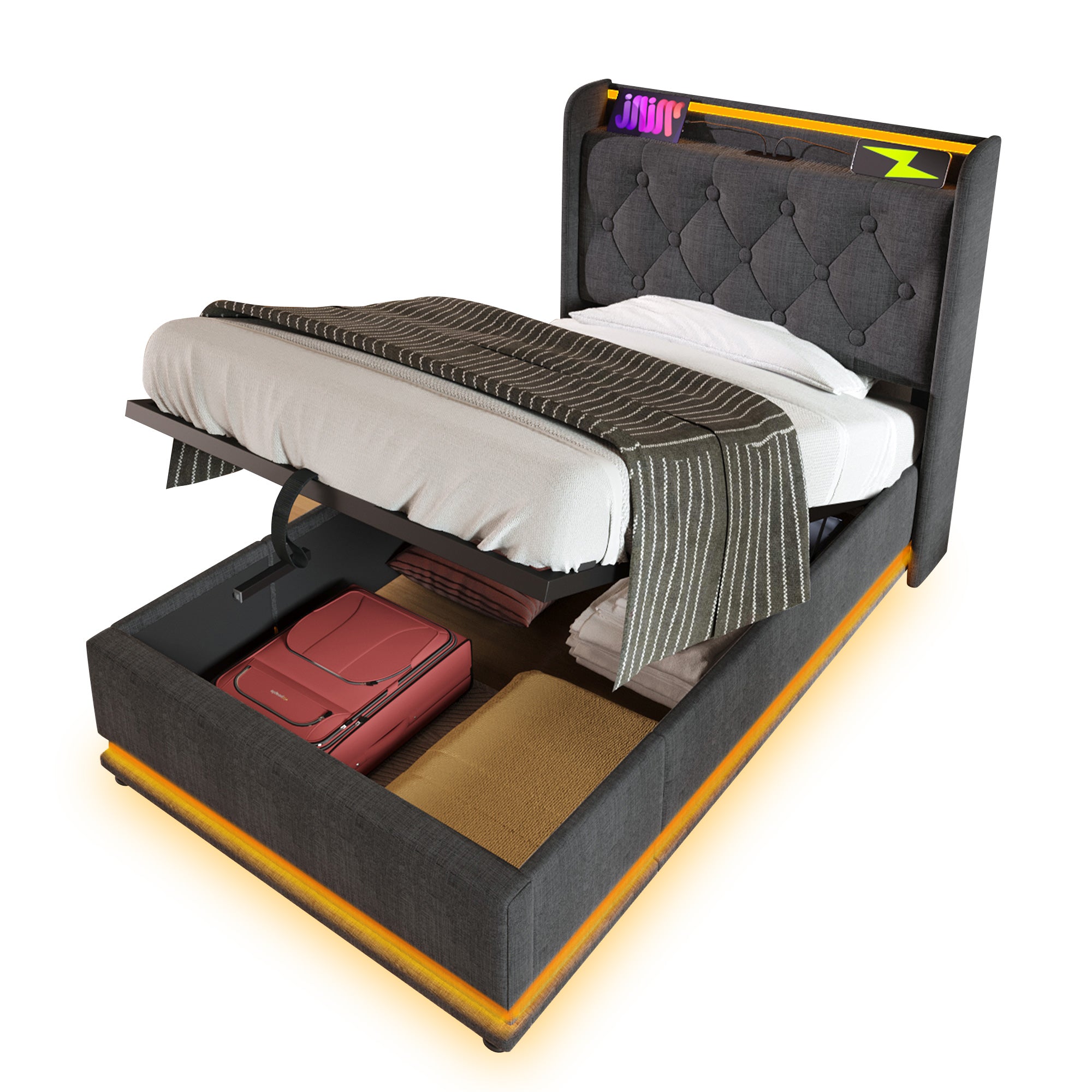 Twin Upholstered LED Storage Bed w/ USB-C & Hydraulic | Gray Linen