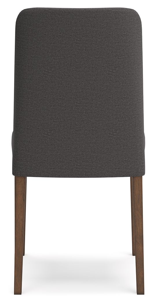 Dark gray upholstered dining side chair with tall backrest and wooden legs