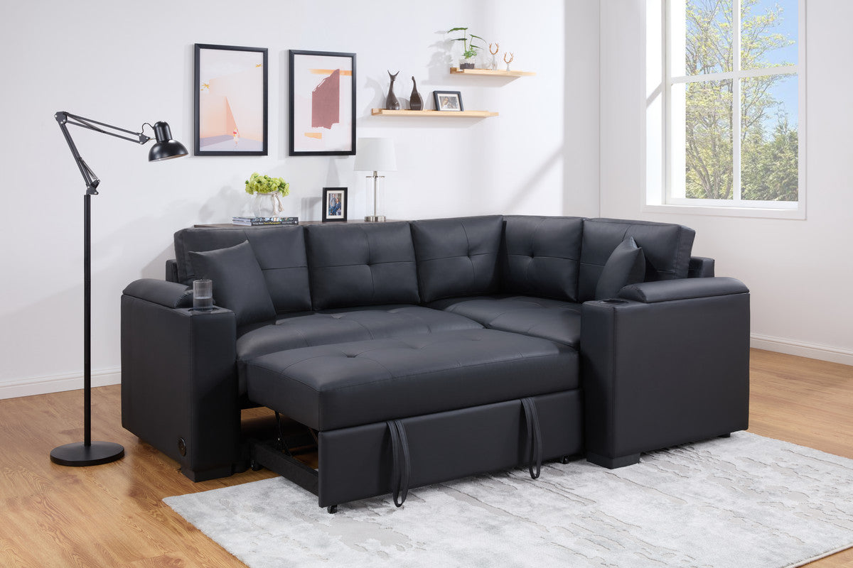 Donovan 84.5' Black PVC Sleeper Sectional w/ USB & Storage