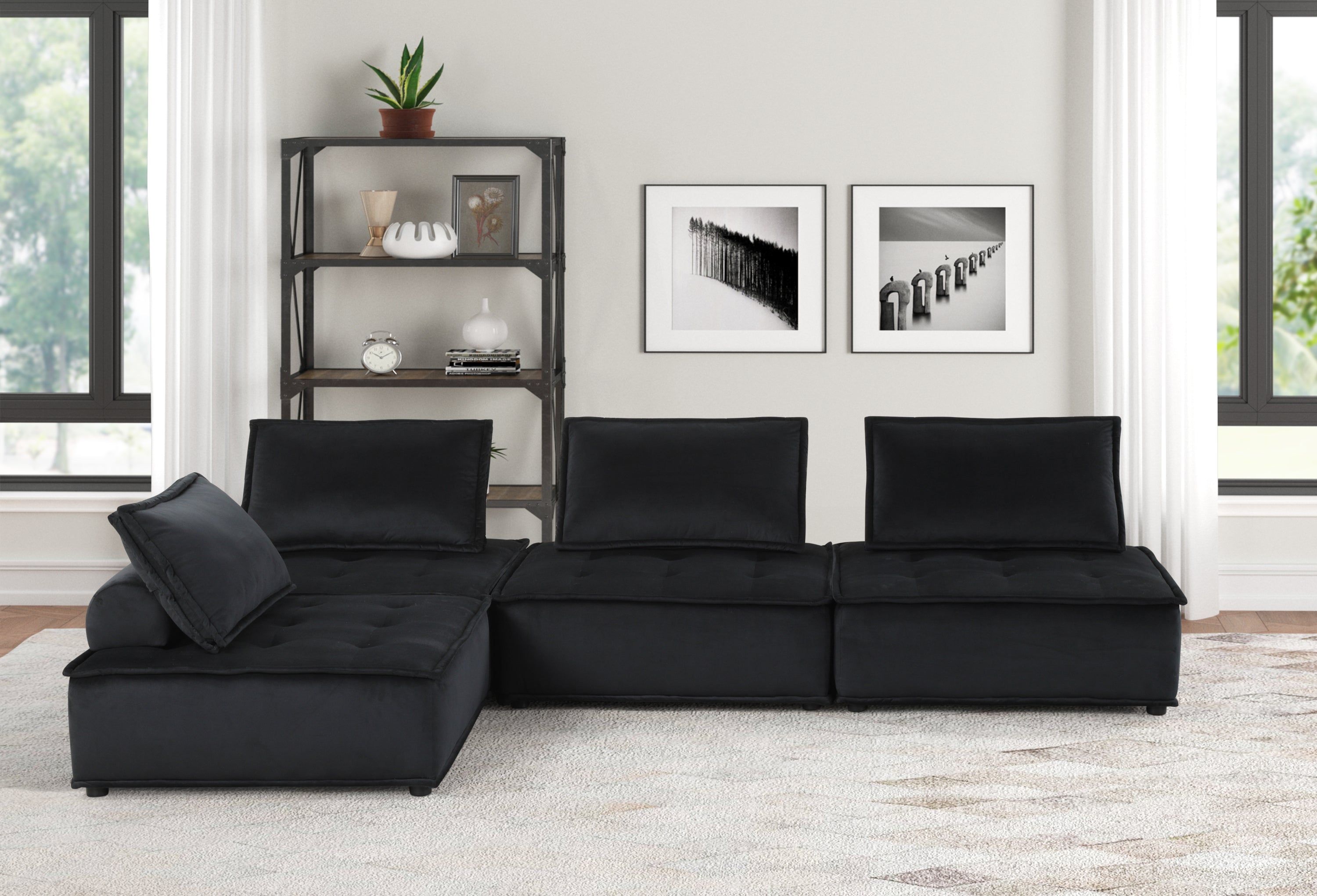 Anna 120-inch Black Velvet 4-Piece Sectional Sofa