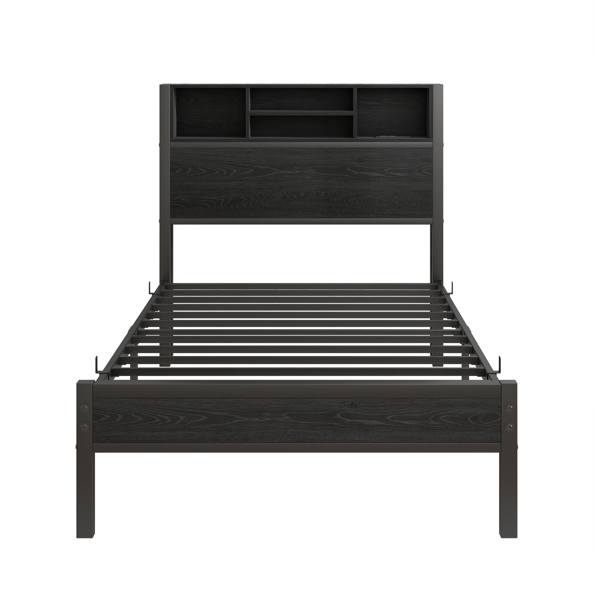 Twin Metal Platform Bed: Storage, Charging Station, Black Wood Design