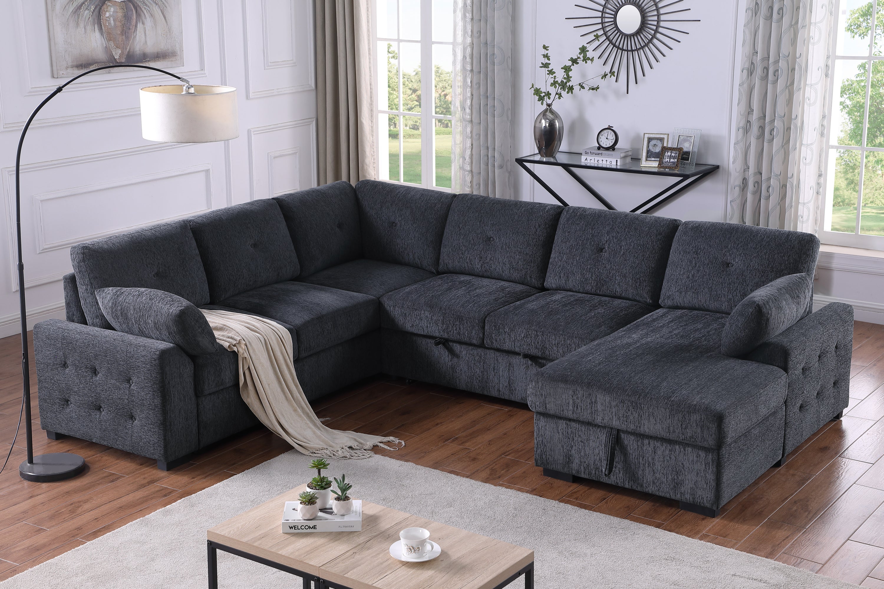 L-Shaped Corner Sofa with Storage and Convertible Bed