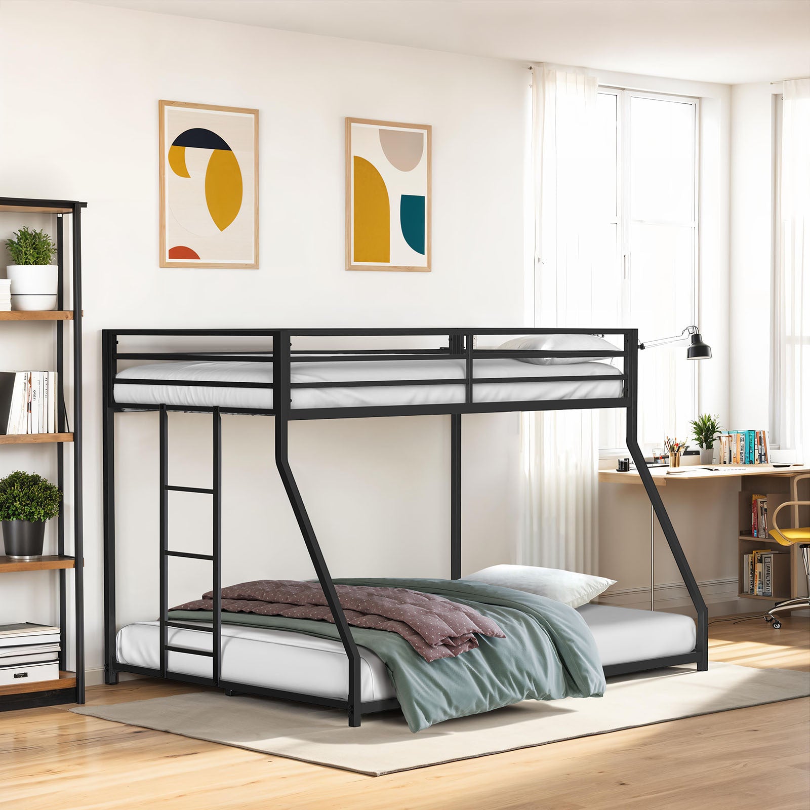 Contemporary Twin Over Full Metal Bunk Bed with Ladder, Matte Black