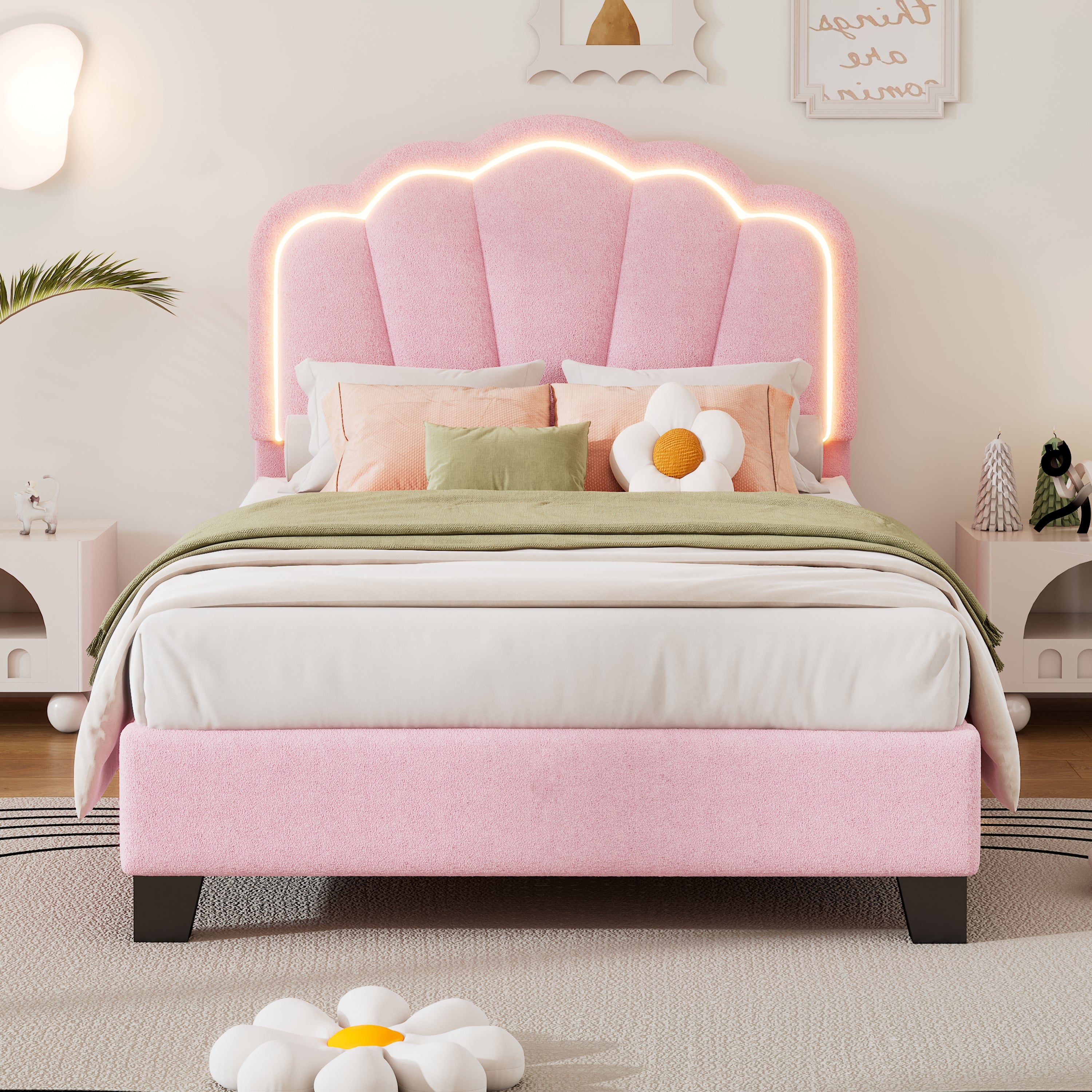Pink Twin Flower LED Sherpa Fabric Platform Bed