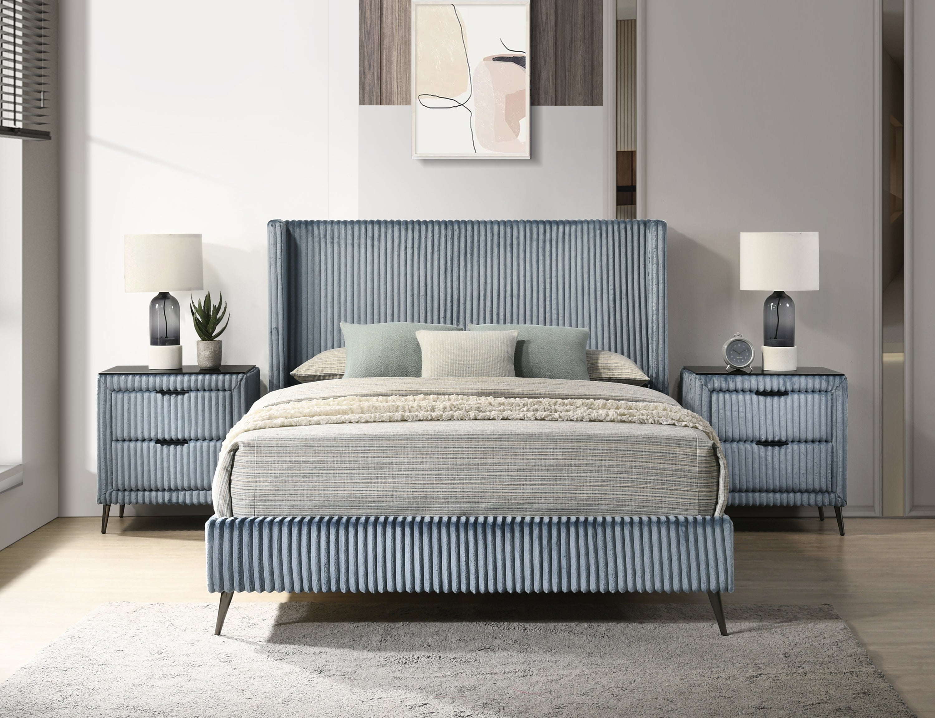 Mavela Blue Corduroy Upholstered Queen Bed with 2 Nightstands Set