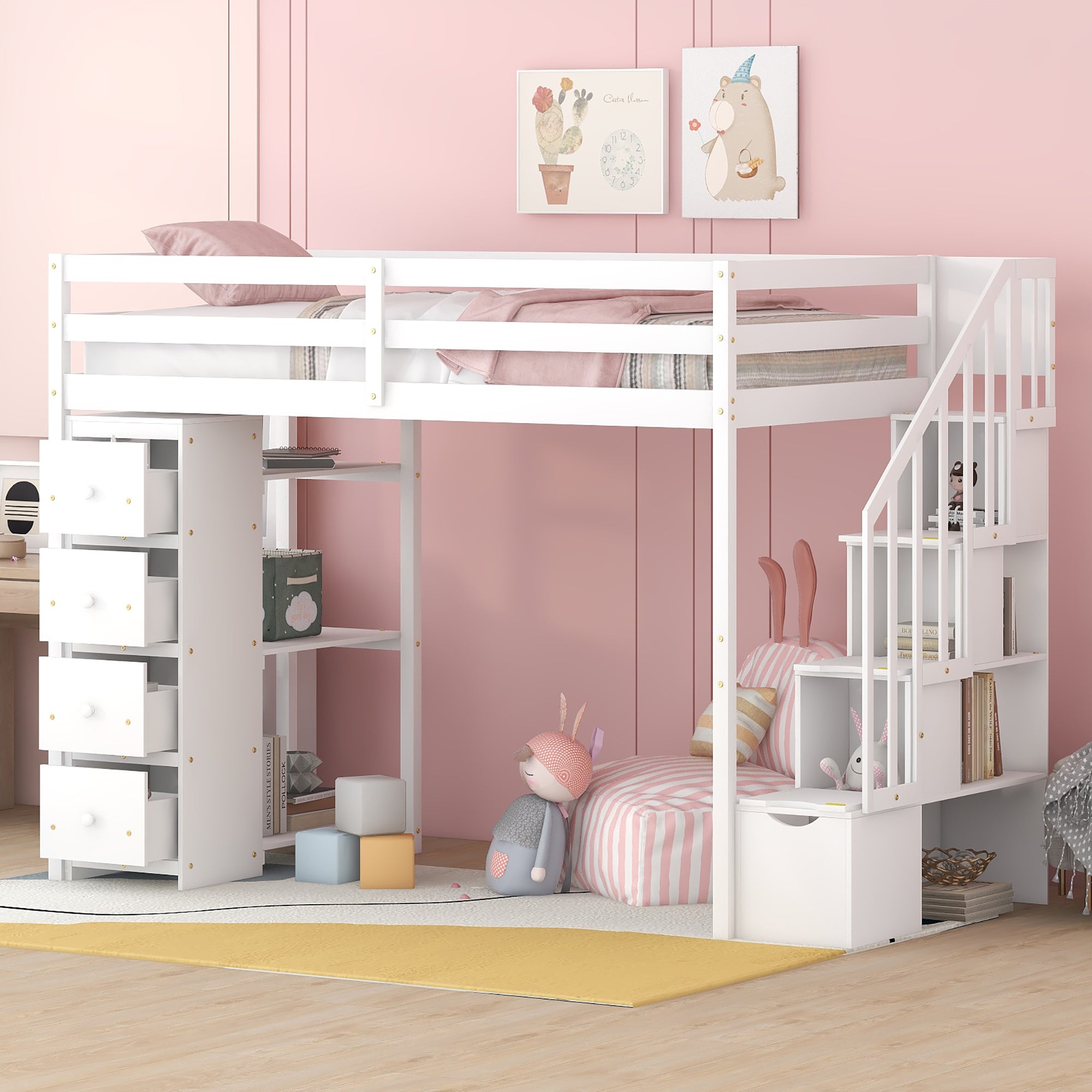 White Twin Loft Bed with Storage Drawers, Stairs & Shelves