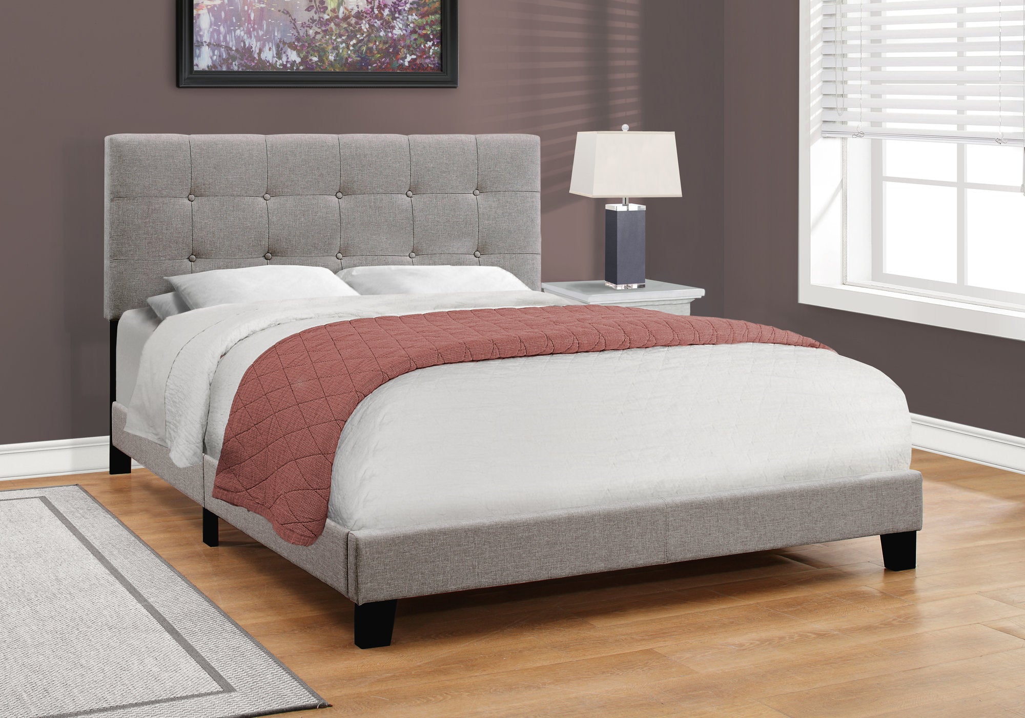 Queen Upholstered Bed - Grey Linen Transitional Style