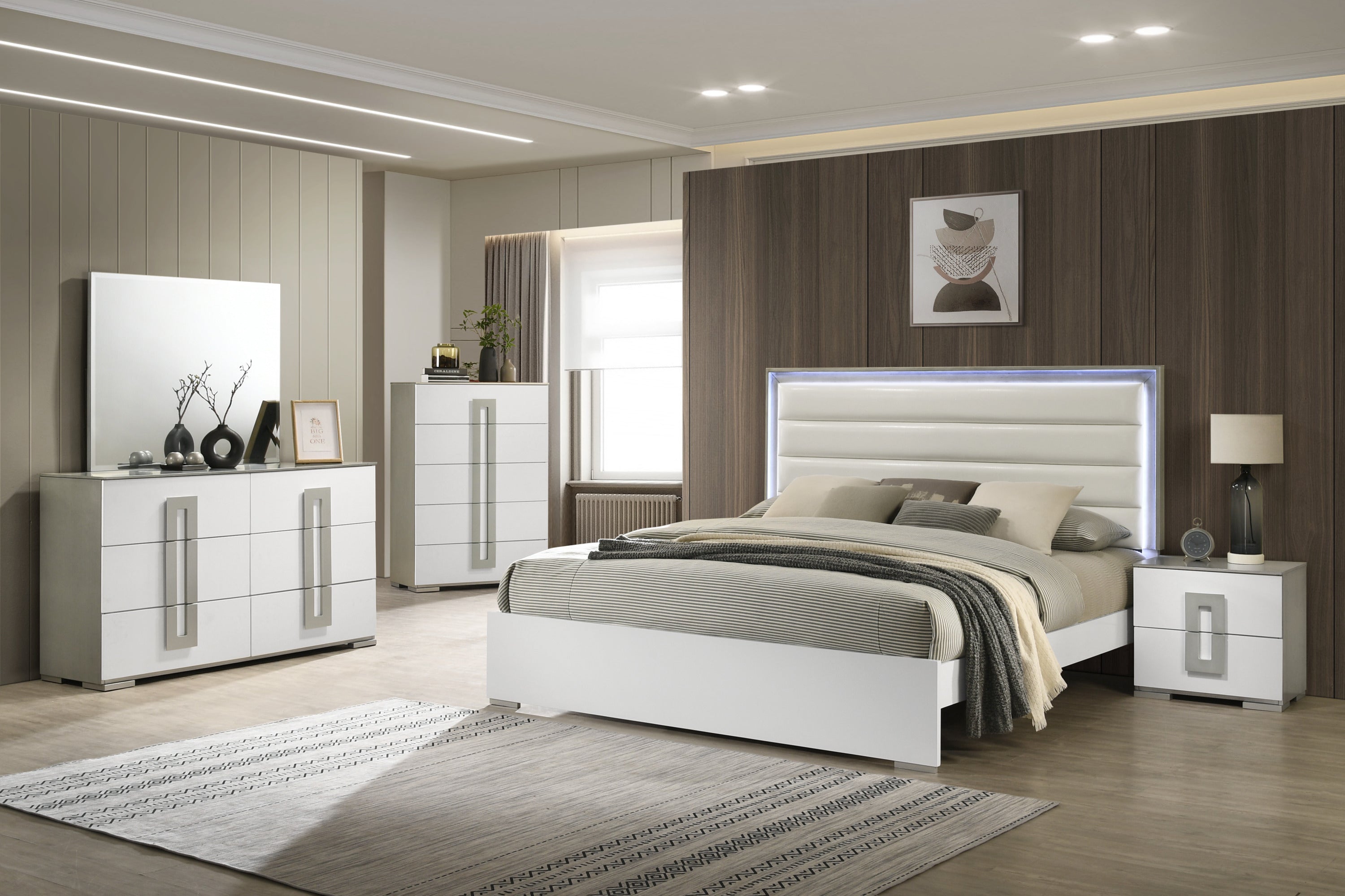 Olivia Contemporary 5 Pc White Queen Bedroom Set with LED Headboard