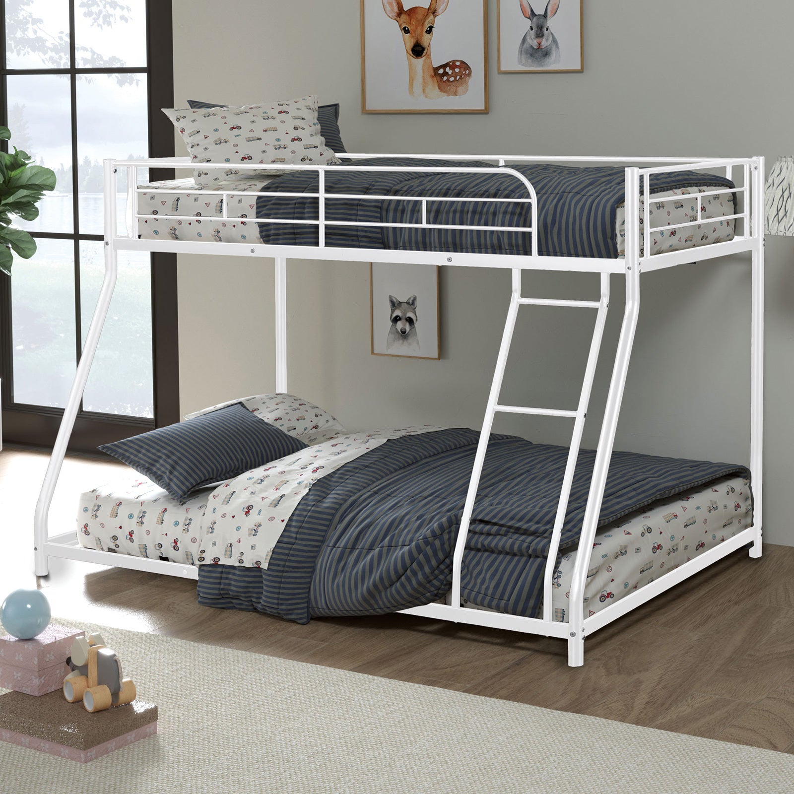 Contemporary White Twin Over Full Metal Bunk Bed with Ladder