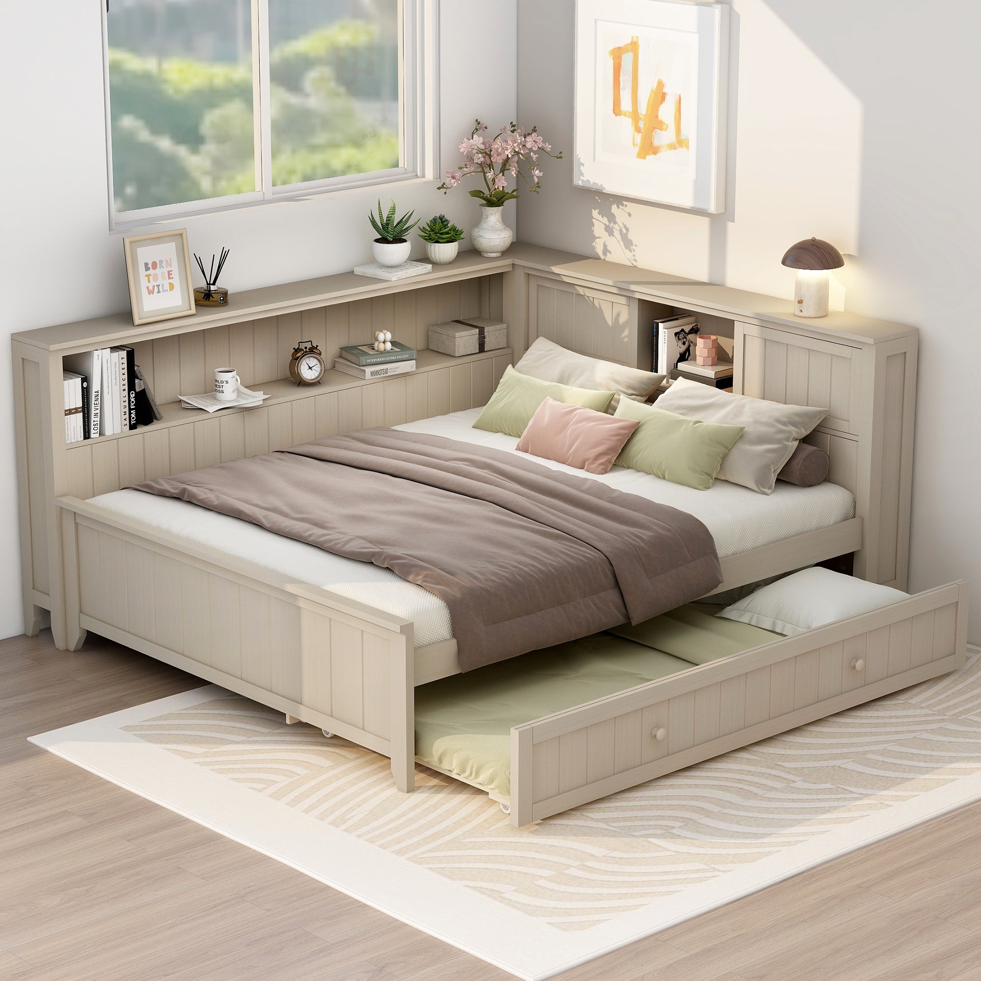 Full Size Wood Daybed Trundle & Storage Shelves Antique White