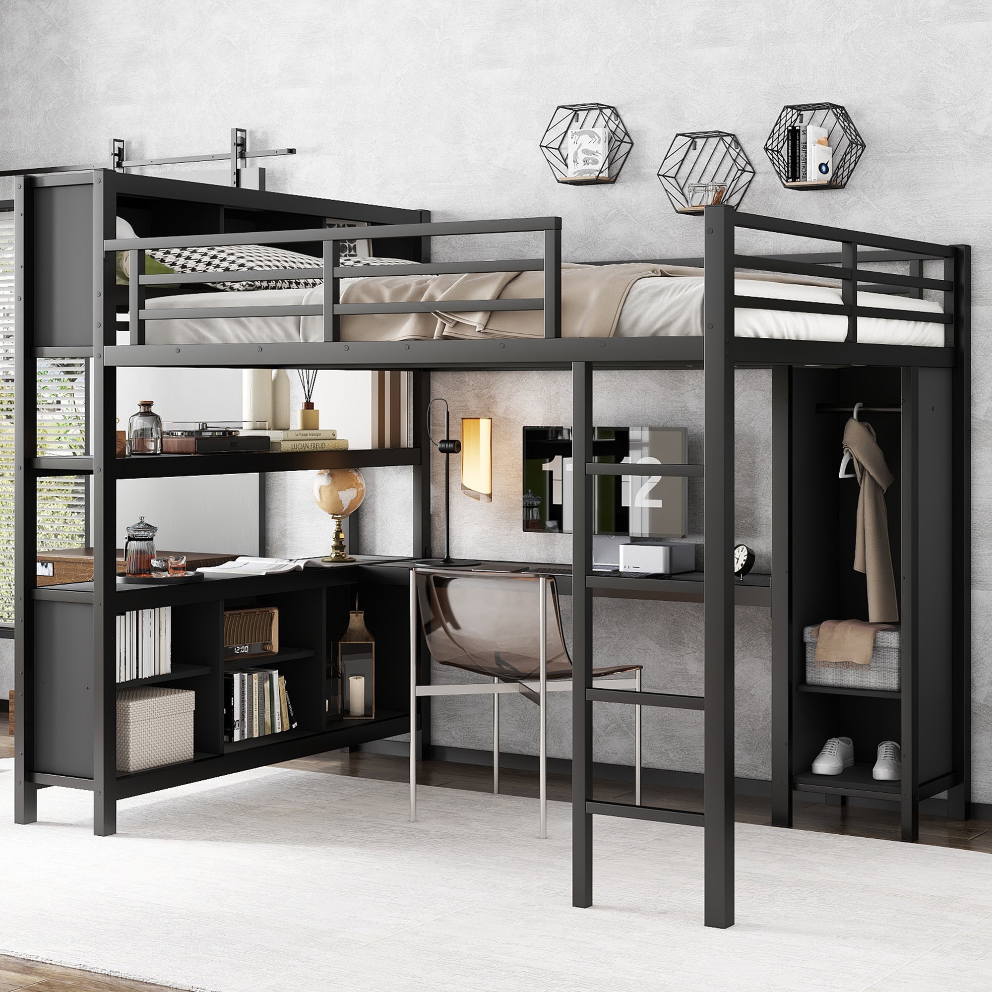 Metal Loft Bed: Queen, Storage, Desk & Wardrobe