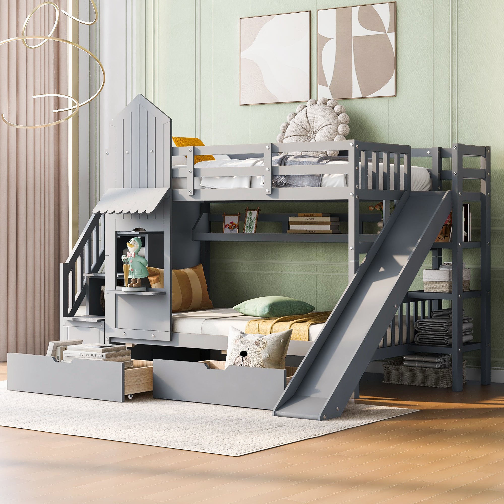 Castle Twin Bunk Bed Gray w/ Slide, Drawers & Shelves