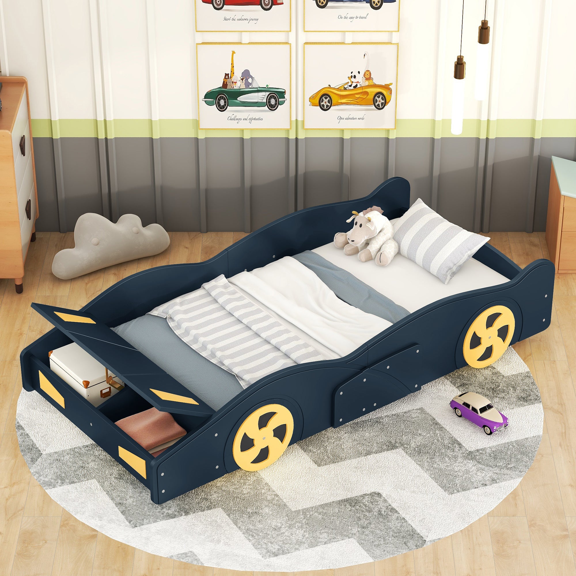 Twin Race Car Platform Bed with Wheels & Storage Dark Blue Yellow