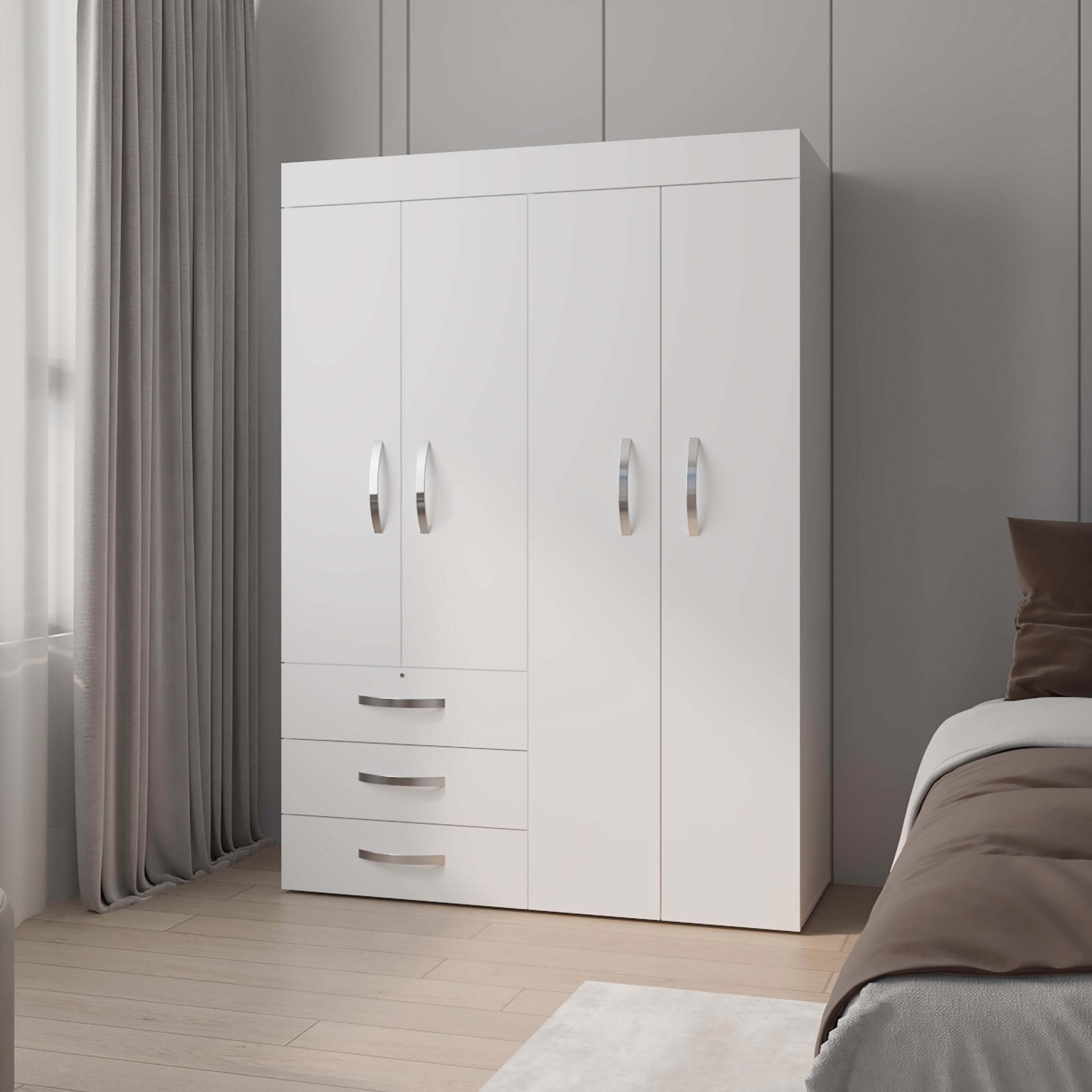 White 4-Door Wardrobe: Drawers & Shelf Storage Solution