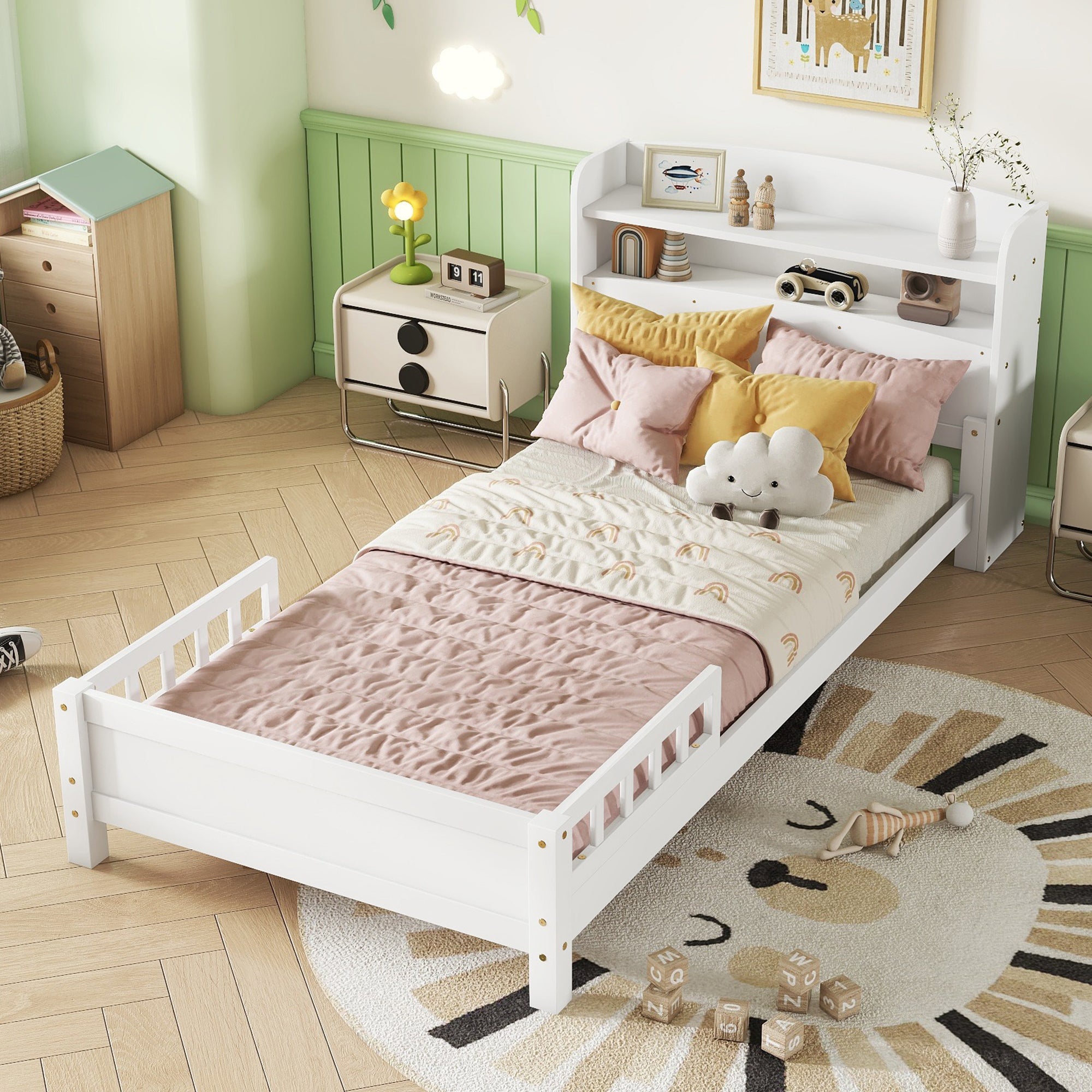 White Twin Pine Wood Bed: Bookcase Headboard, LED Light, Guardrails