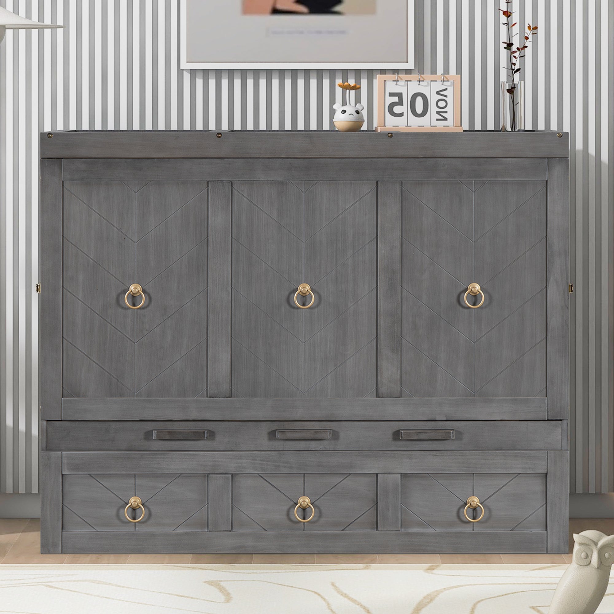 Space-Saving Gray Full Size Murphy Bed w/ USB & Large Drawer