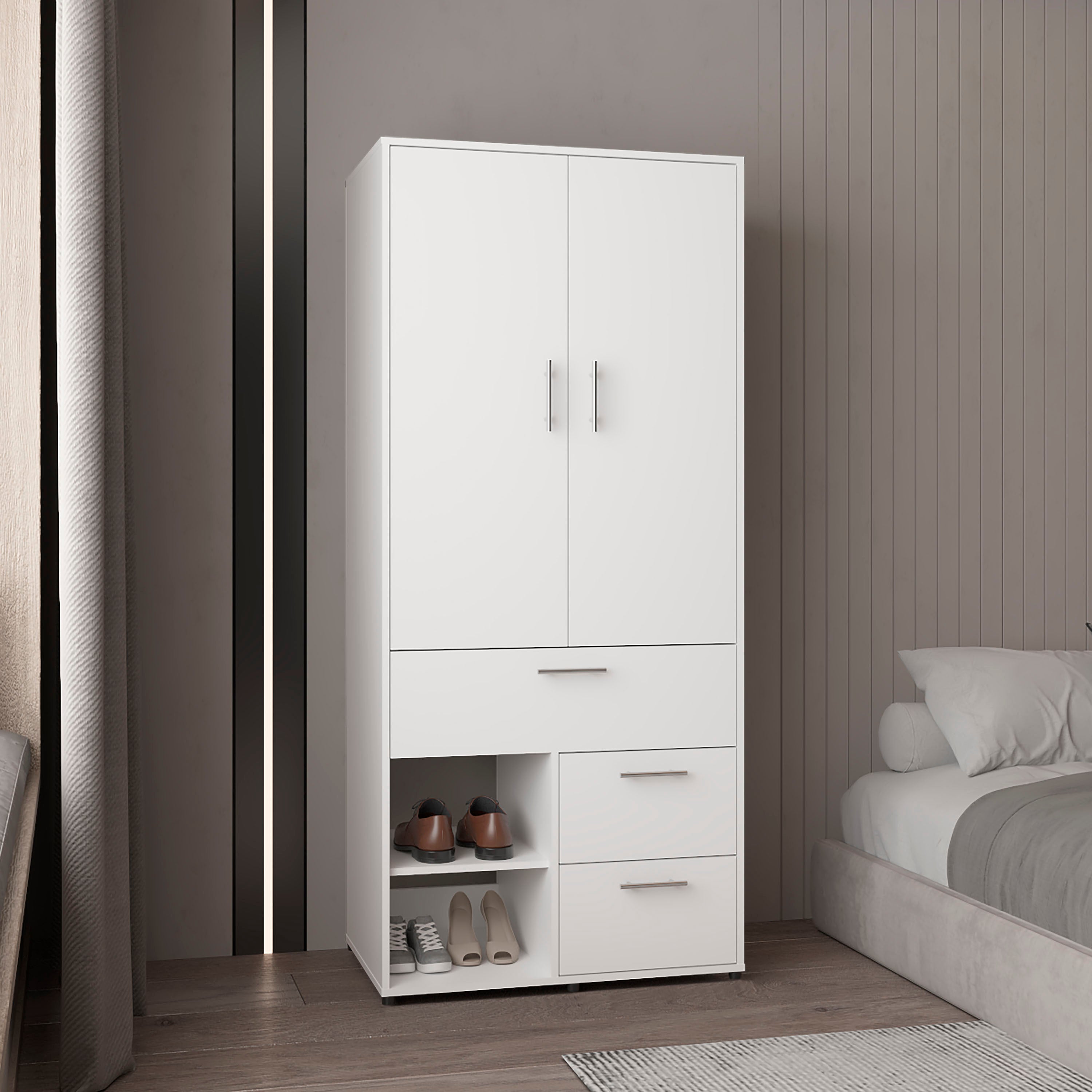 White Alpine Modern Wardrobe Closet - Double Doors & Shelves
