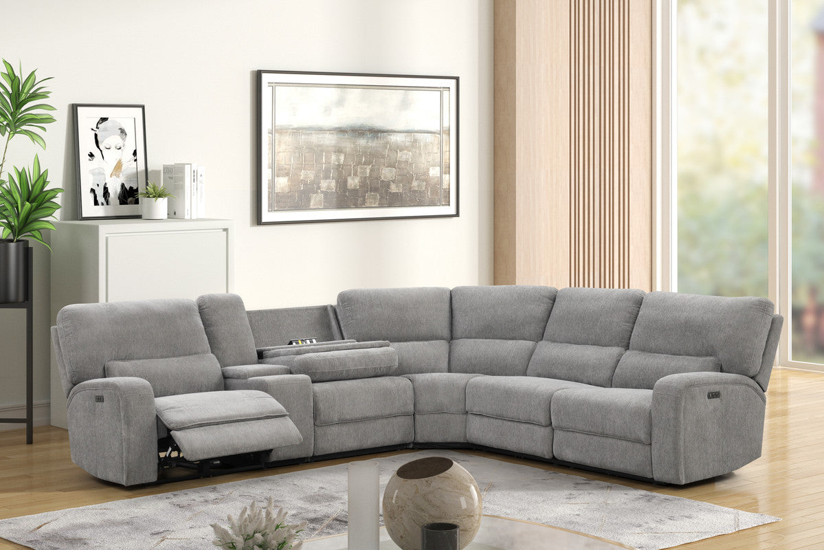 Anthony 114" Gray Power Sectional: Recline, Headrest, USB, Storage