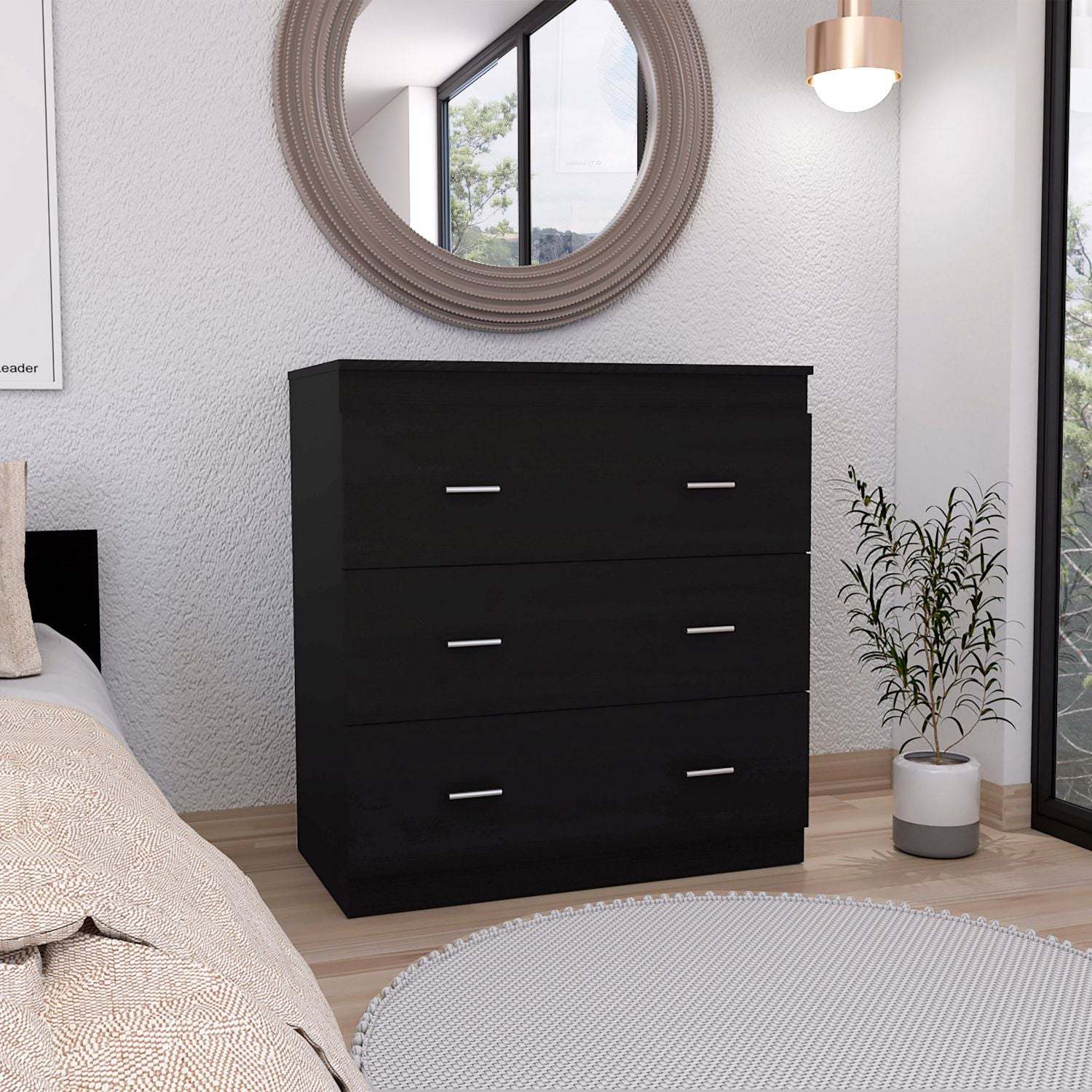 33"H White 3-Drawer Dresser, Metal Handles, Superior Top