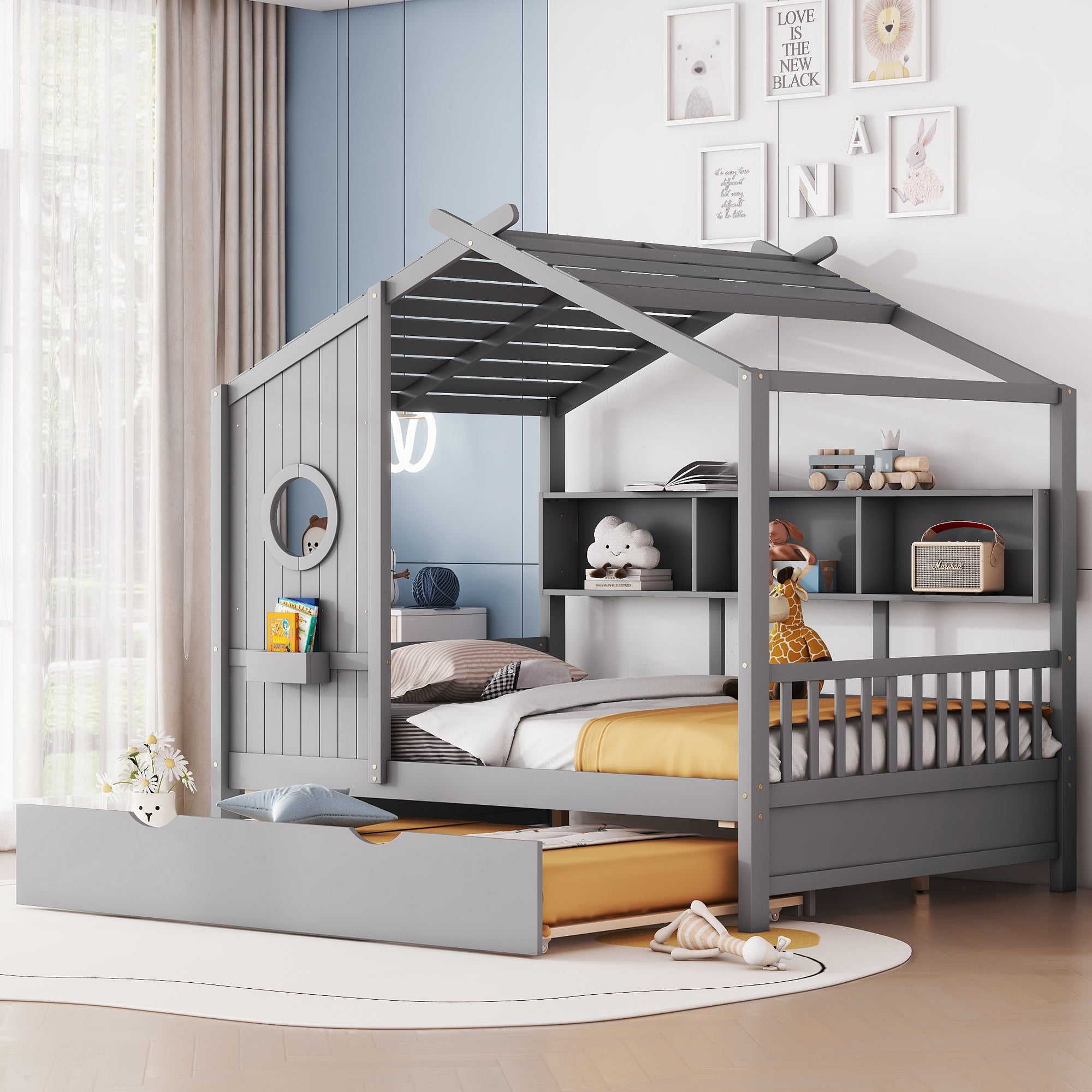 Gray Wooden Full Size House Bed with Trundle & Storage Shelf for Kids