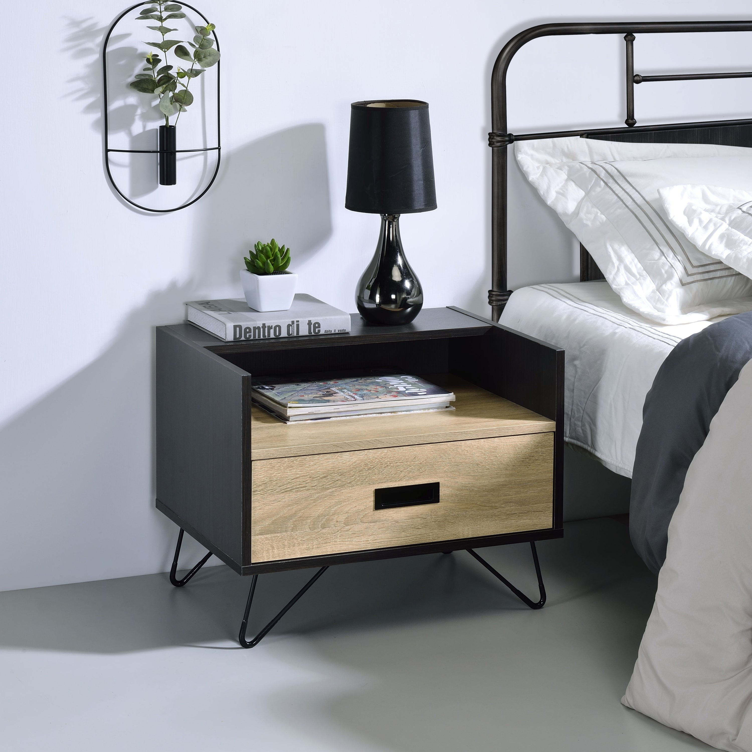 Oak & Black 1-Drawer Nightstand | Modern Bedside Table