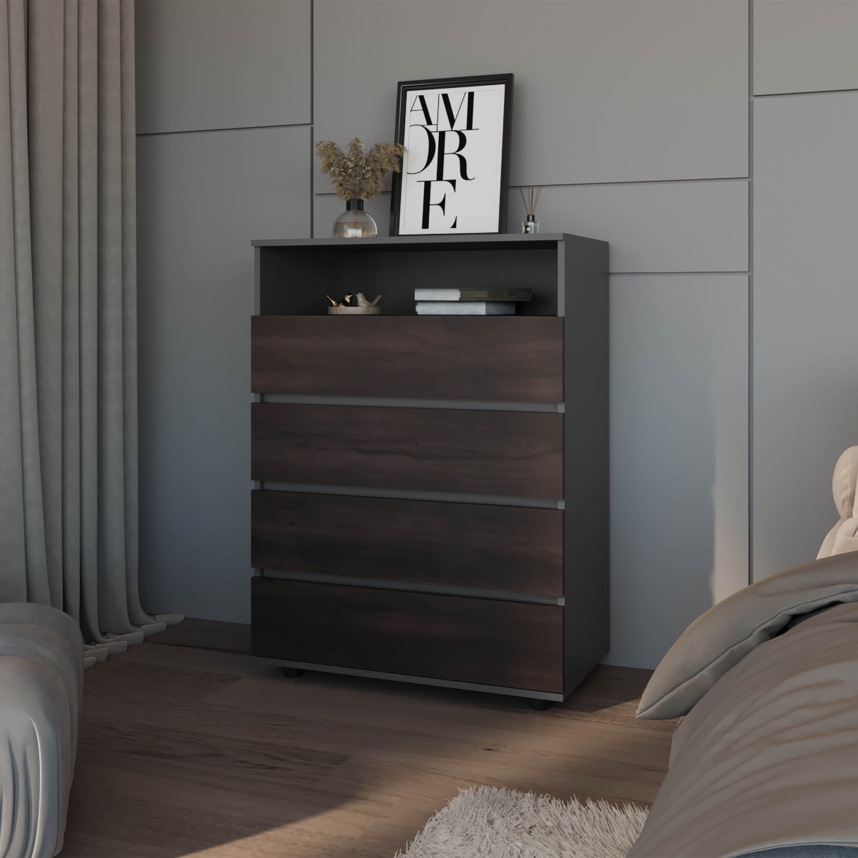 Tokio Stained Walnut 4-Drawer Dresser | Open Shelf Storage