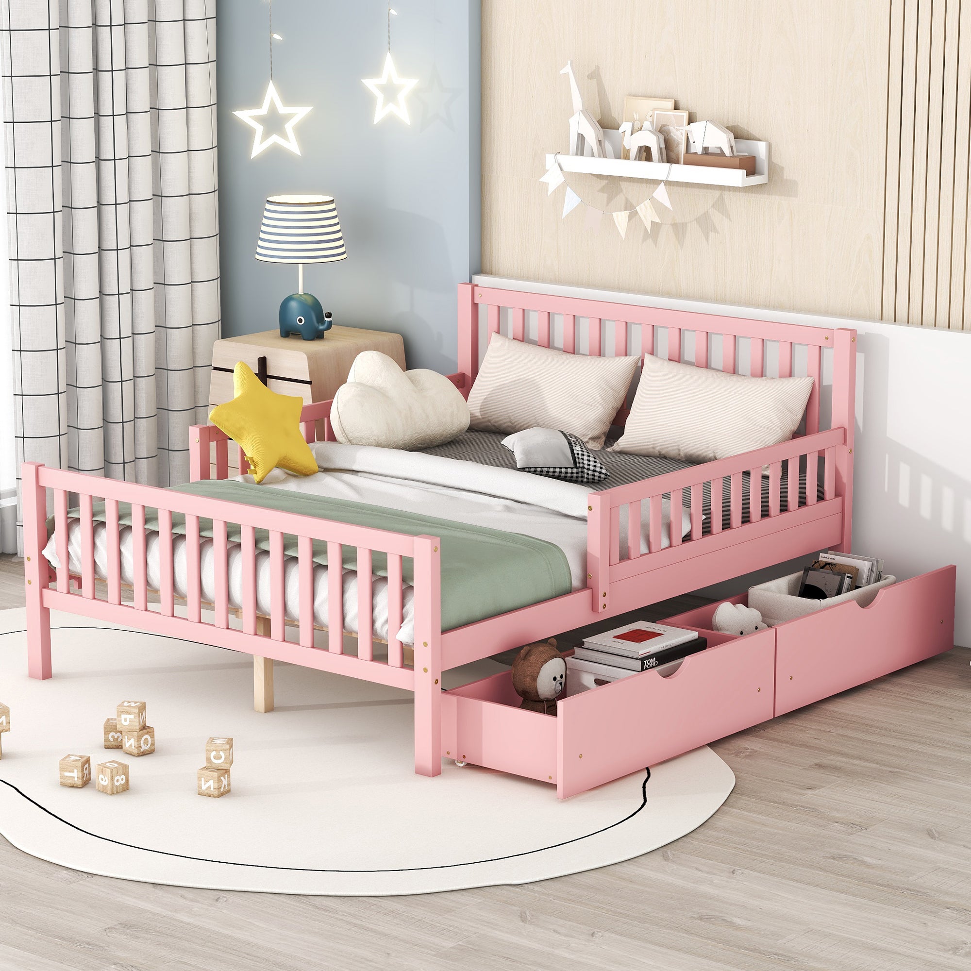 Pink Full-Size Platform Bed w/Guardrails & Drawers