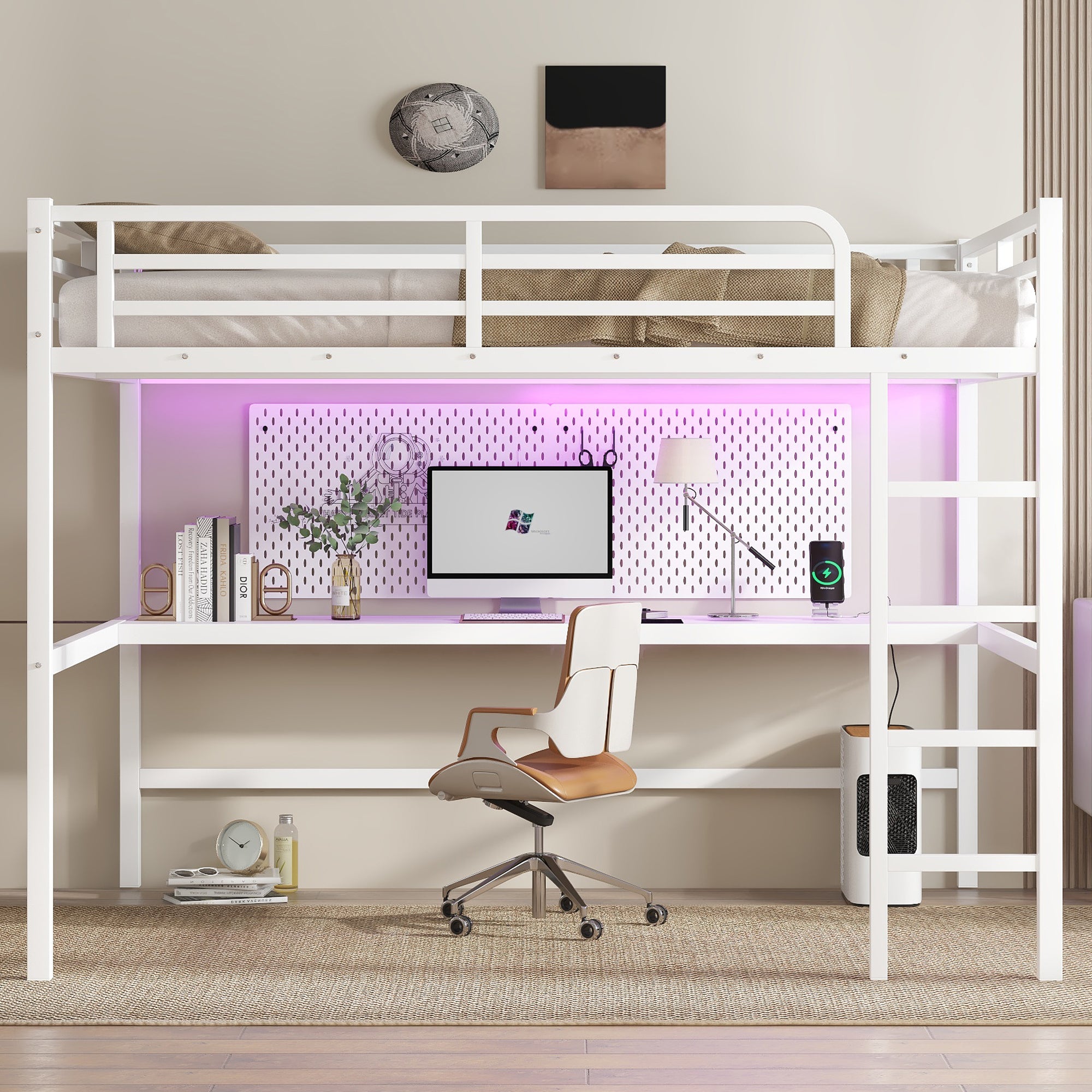 Metal Queen Loft Bed: Power, LED, Space-Saving, Noise-Reduced White