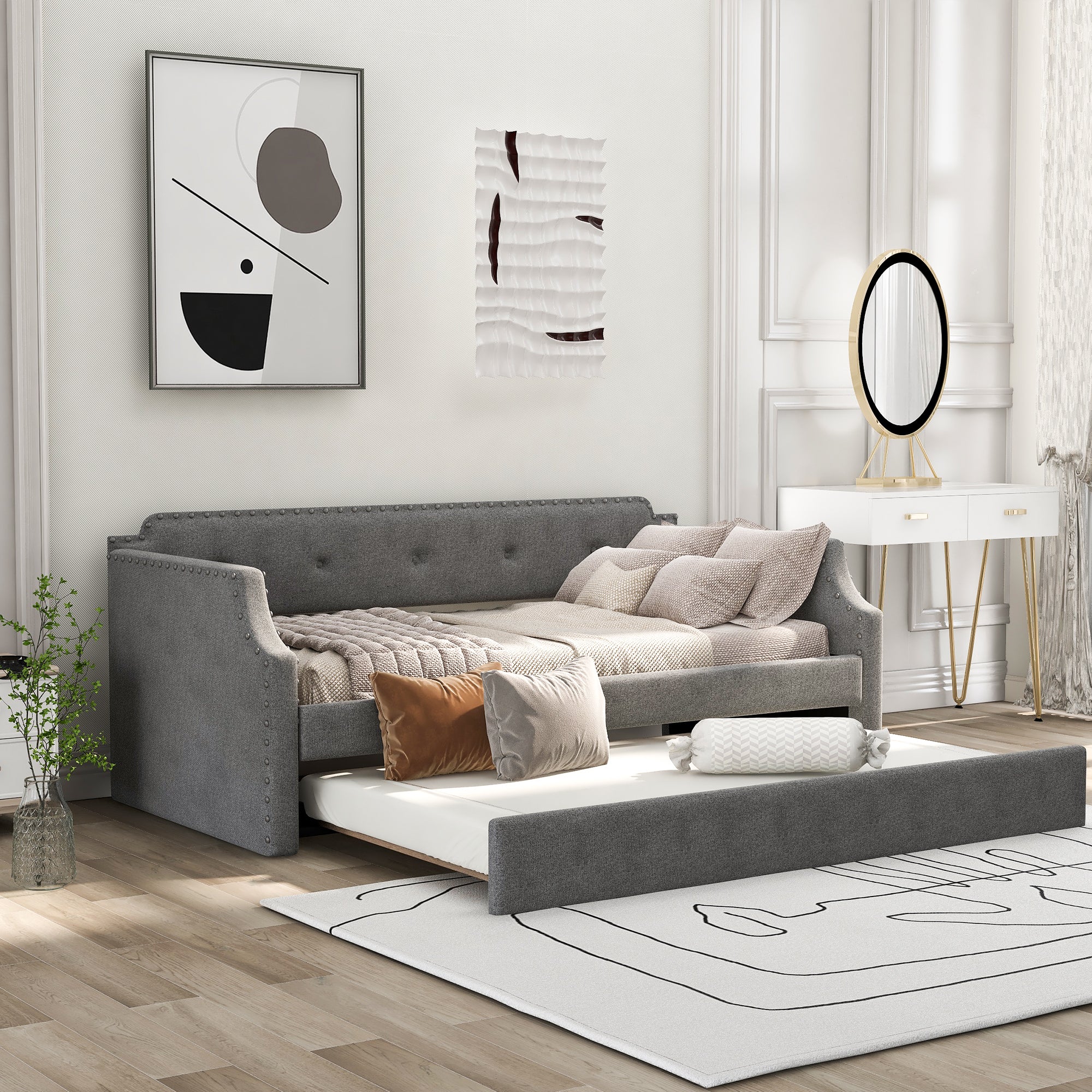 Gray Twin Upholstered Daybed with Trundle & Wood Slat Sofa Bed