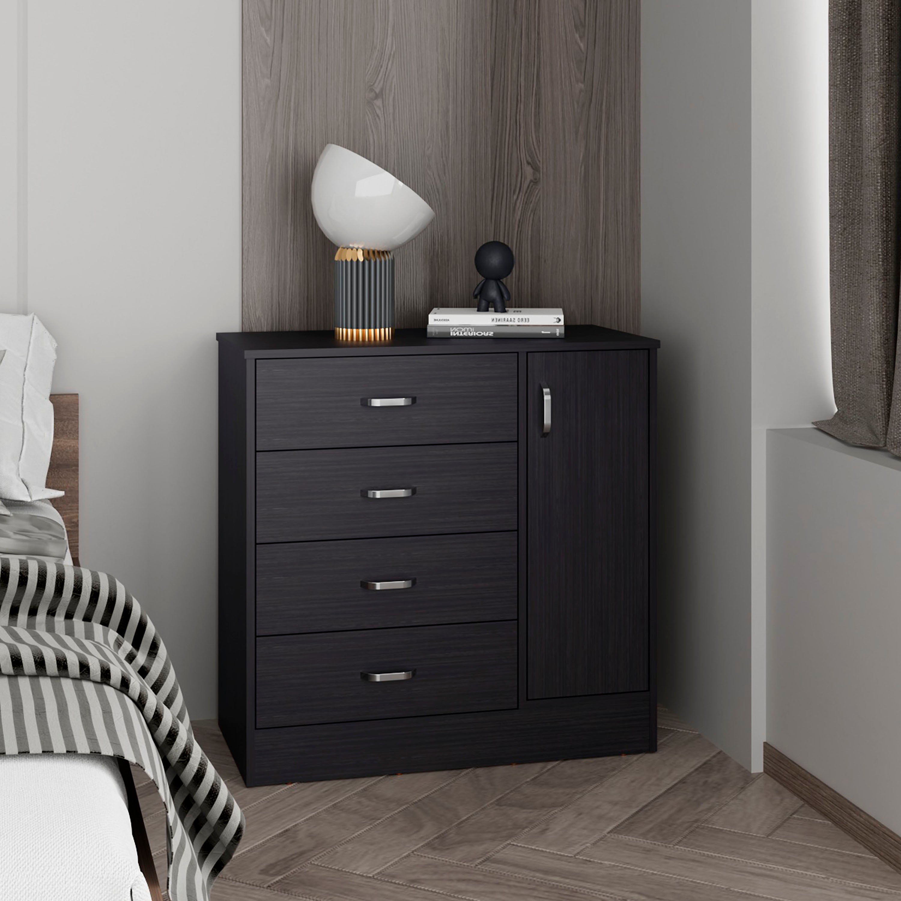 Black Modern Katie Dresser: 4 Drawers, 1 Door Storage